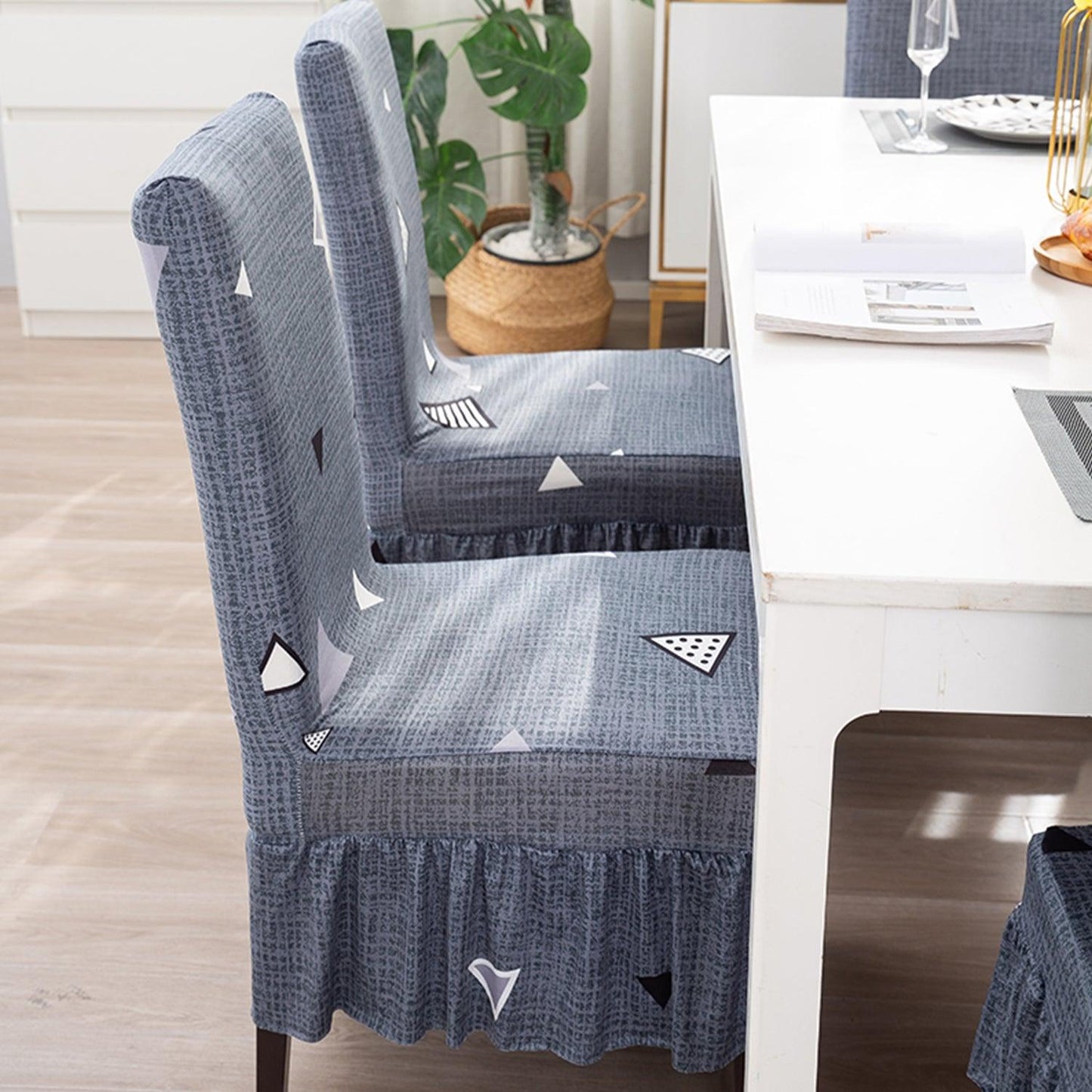 Elastic Stretchable Dining Chair Cover with Frill, Porpoise Grey Triangle - HOKIPO | Har Ghar ka Humsafar