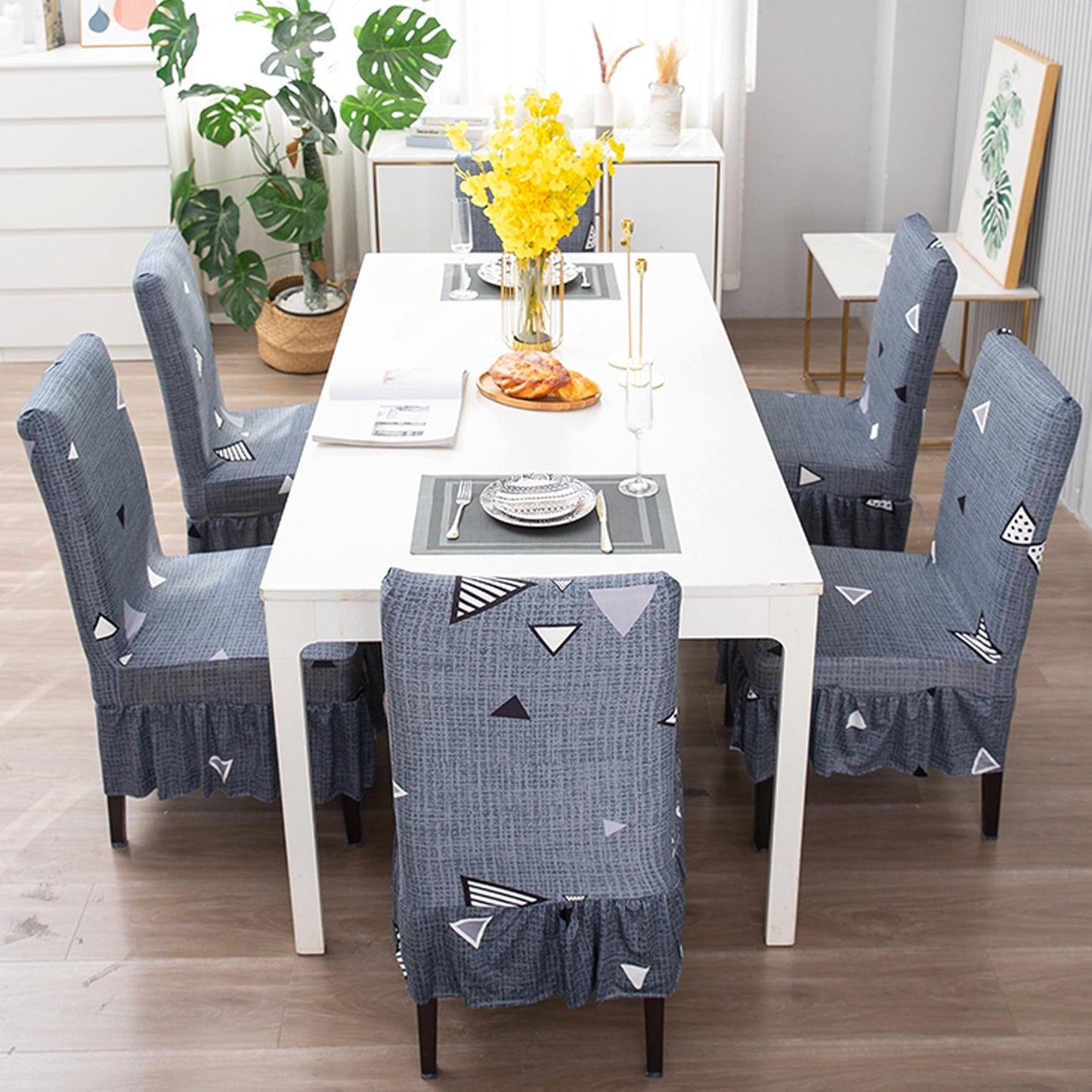 Elastic Stretchable Dining Chair Cover with Frill, Porpoise Grey Triangle - HOKIPO | Har Ghar ka Humsafar