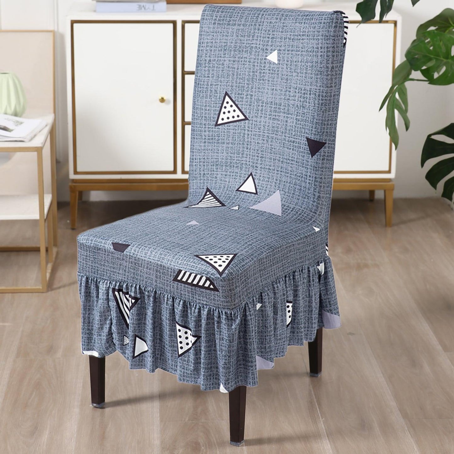 Elastic Stretchable Dining Chair Cover with Frill, Porpoise Grey Triangle - HOKIPO | Har Ghar ka Humsafar