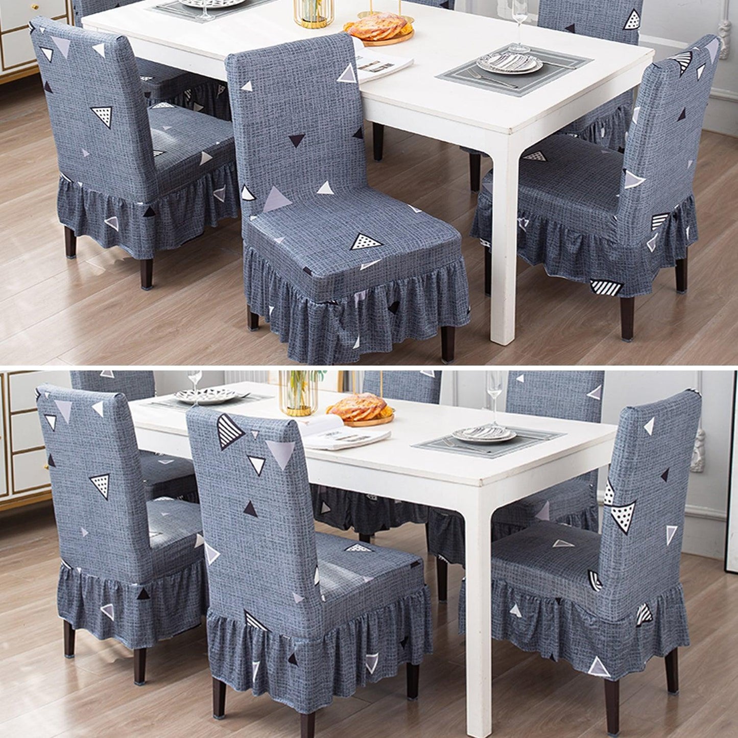 Elastic Stretchable Dining Chair Cover with Frill, Porpoise Grey Triangle - HOKIPO | Har Ghar ka Humsafar
