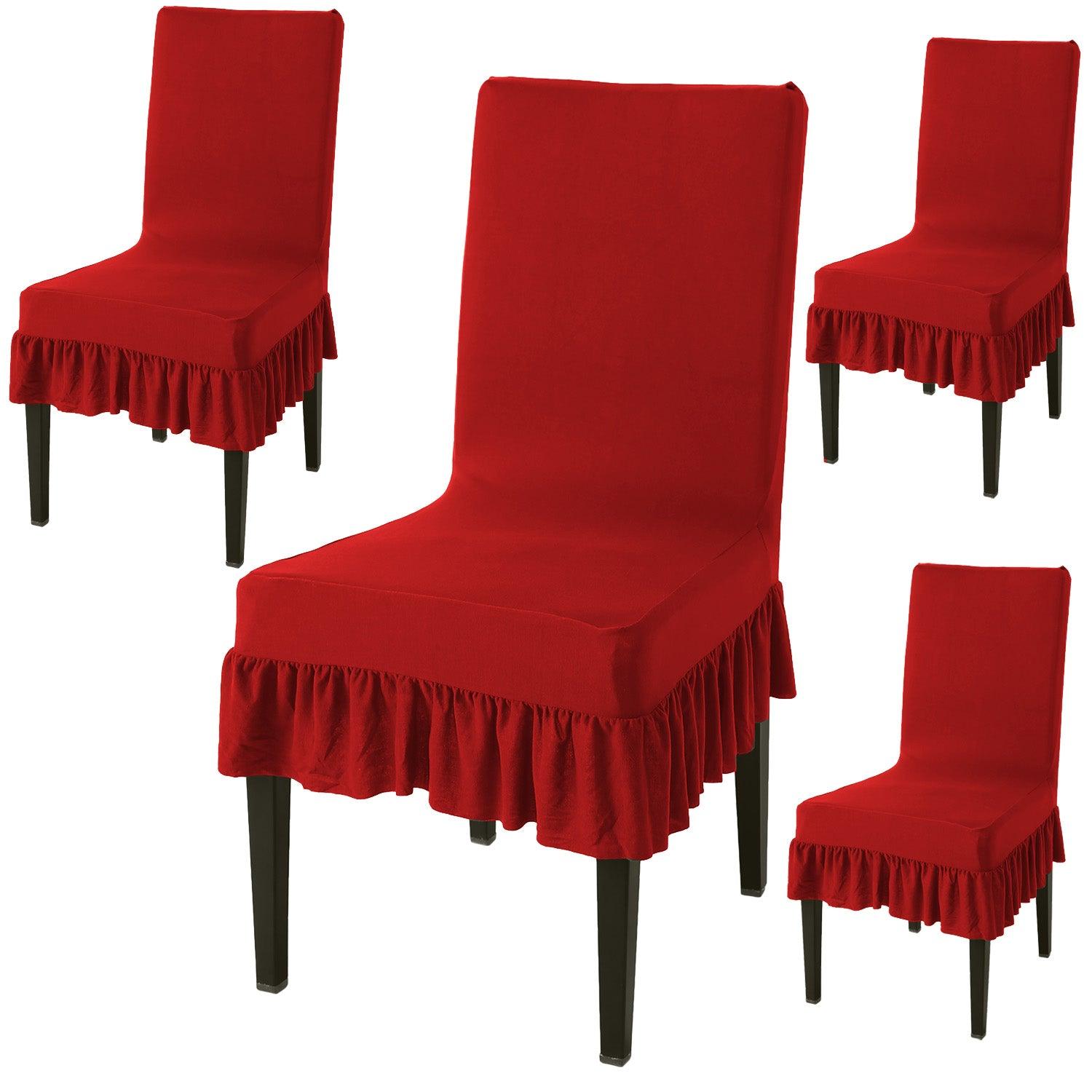 Elastic Stretchable Dining Chair Cover with Frill, Scarlet Red - HOKIPO | Har Ghar ka Humsafar