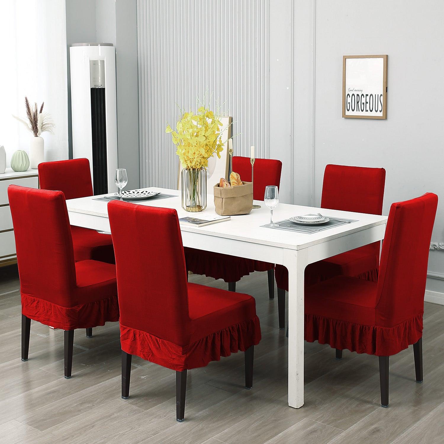 Elastic Stretchable Dining Chair Cover with Frill, Scarlet Red - HOKIPO | Har Ghar ka Humsafar
