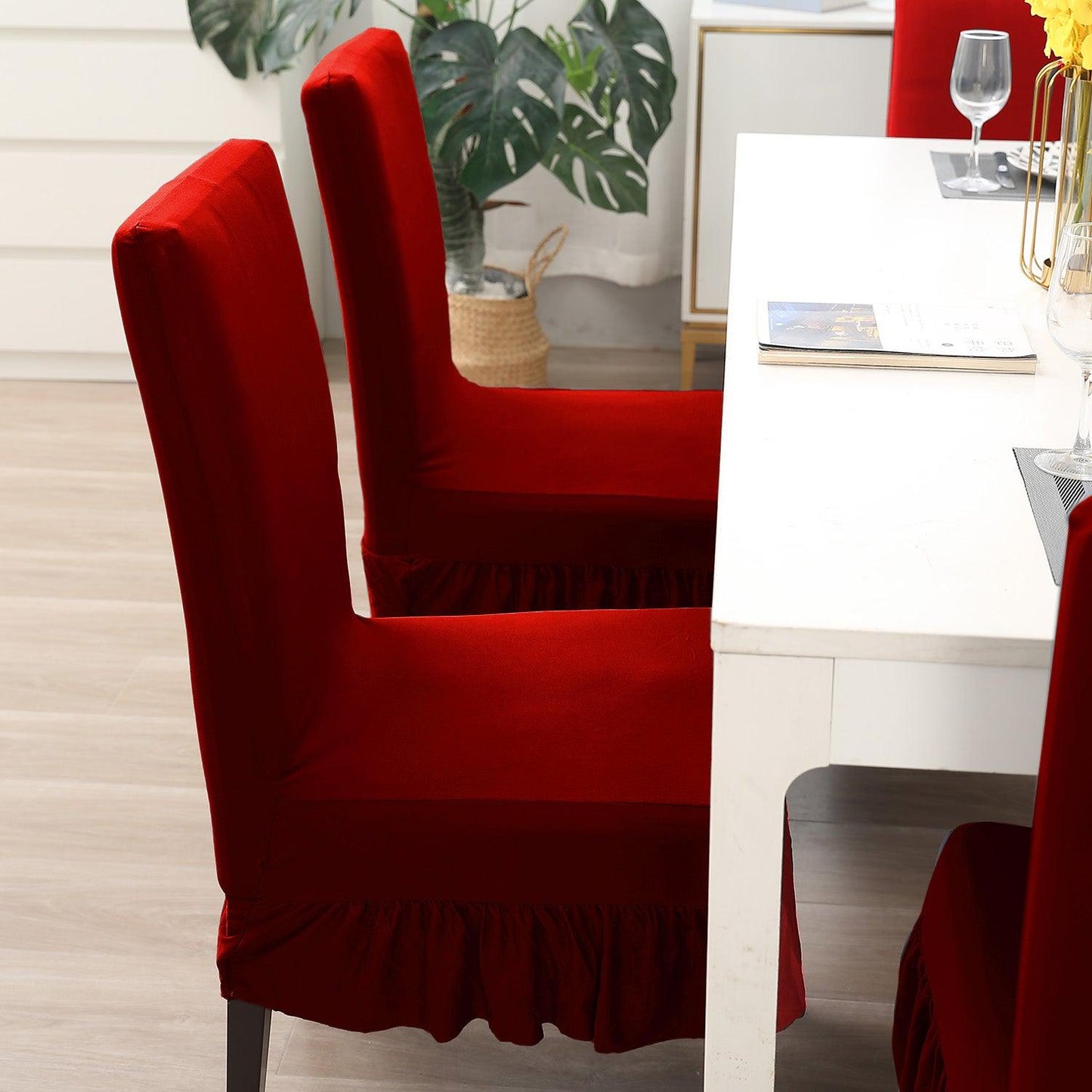 Elastic Stretchable Dining Chair Cover with Frill, Scarlet Red - HOKIPO | Har Ghar ka Humsafar