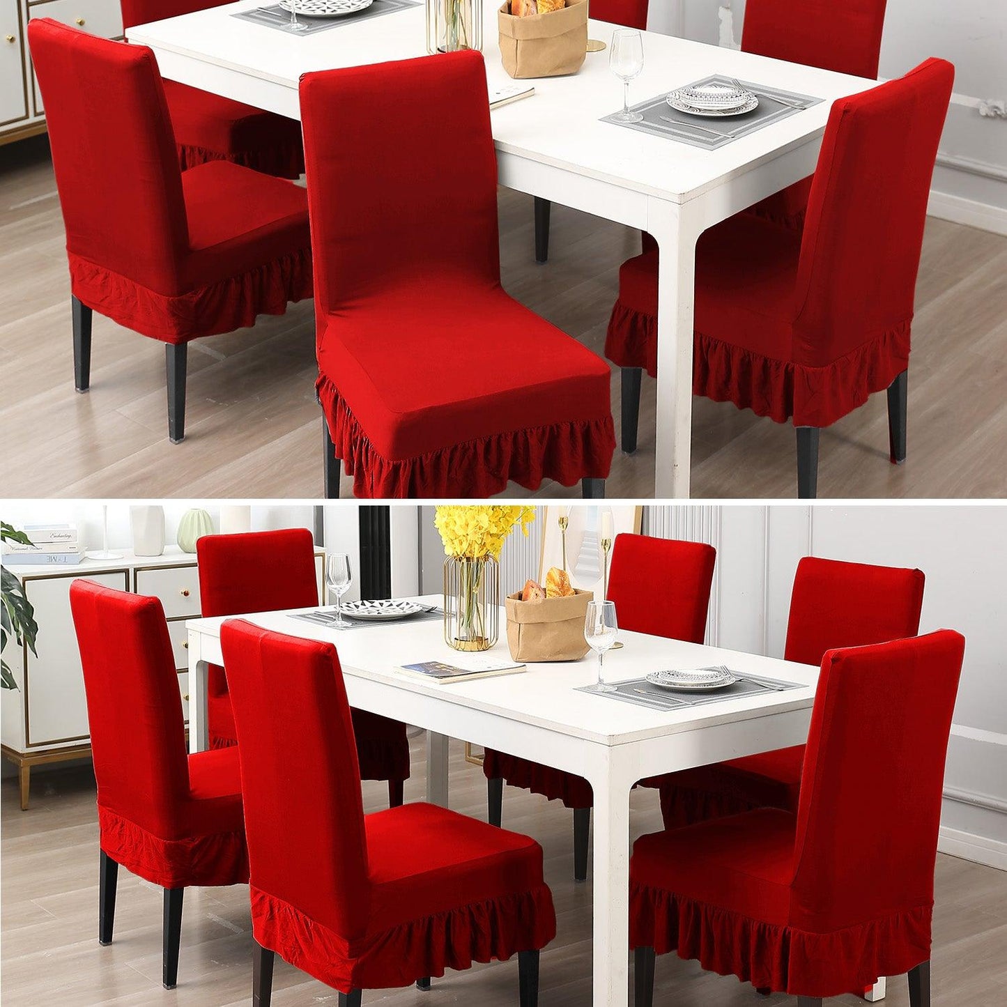 Elastic Stretchable Dining Chair Cover with Frill, Scarlet Red - HOKIPO | Har Ghar ka Humsafar