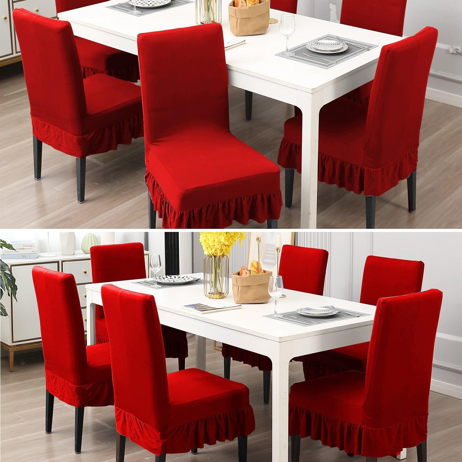 Elastic Stretchable Dining Chair Cover with Frill, Scarlet Red - HOKIPO | Har Ghar ka Humsafar