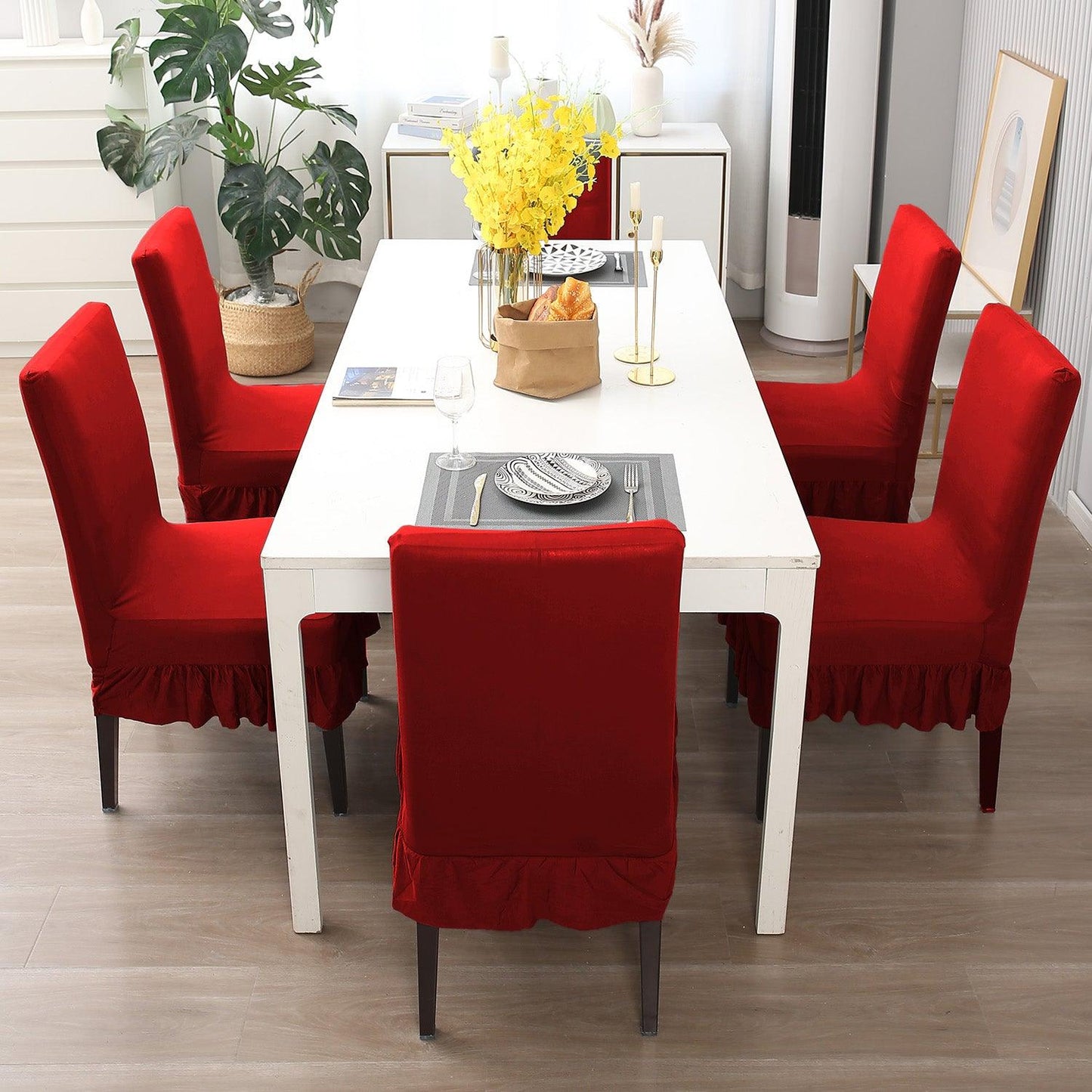 Elastic Stretchable Dining Chair Cover with Frill, Scarlet Red - HOKIPO | Har Ghar ka Humsafar