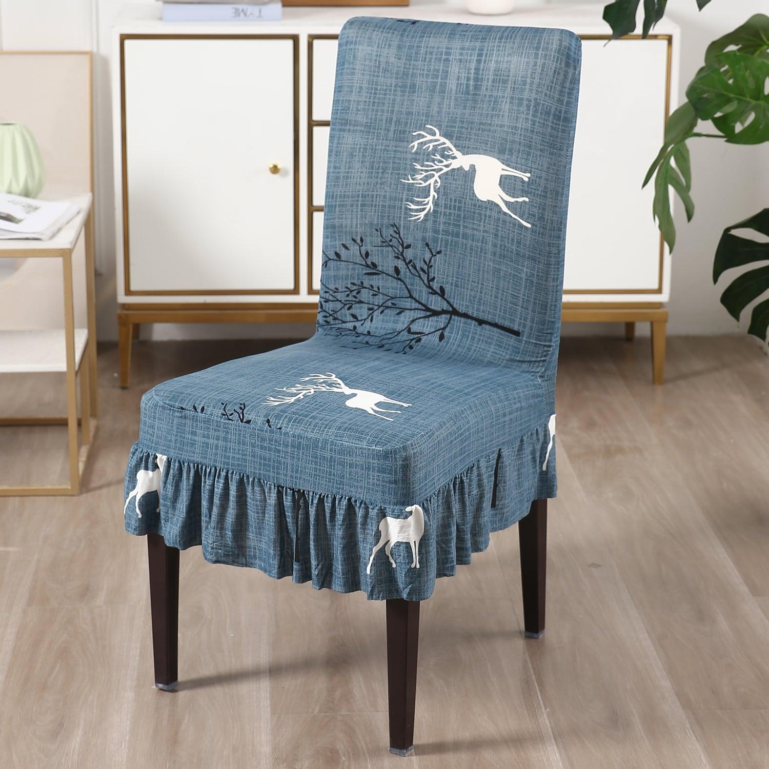 Elastic Stretchable Dining Chair Cover with Frill, Teal Reindeer - HOKIPO | Har Ghar ka Humsafar