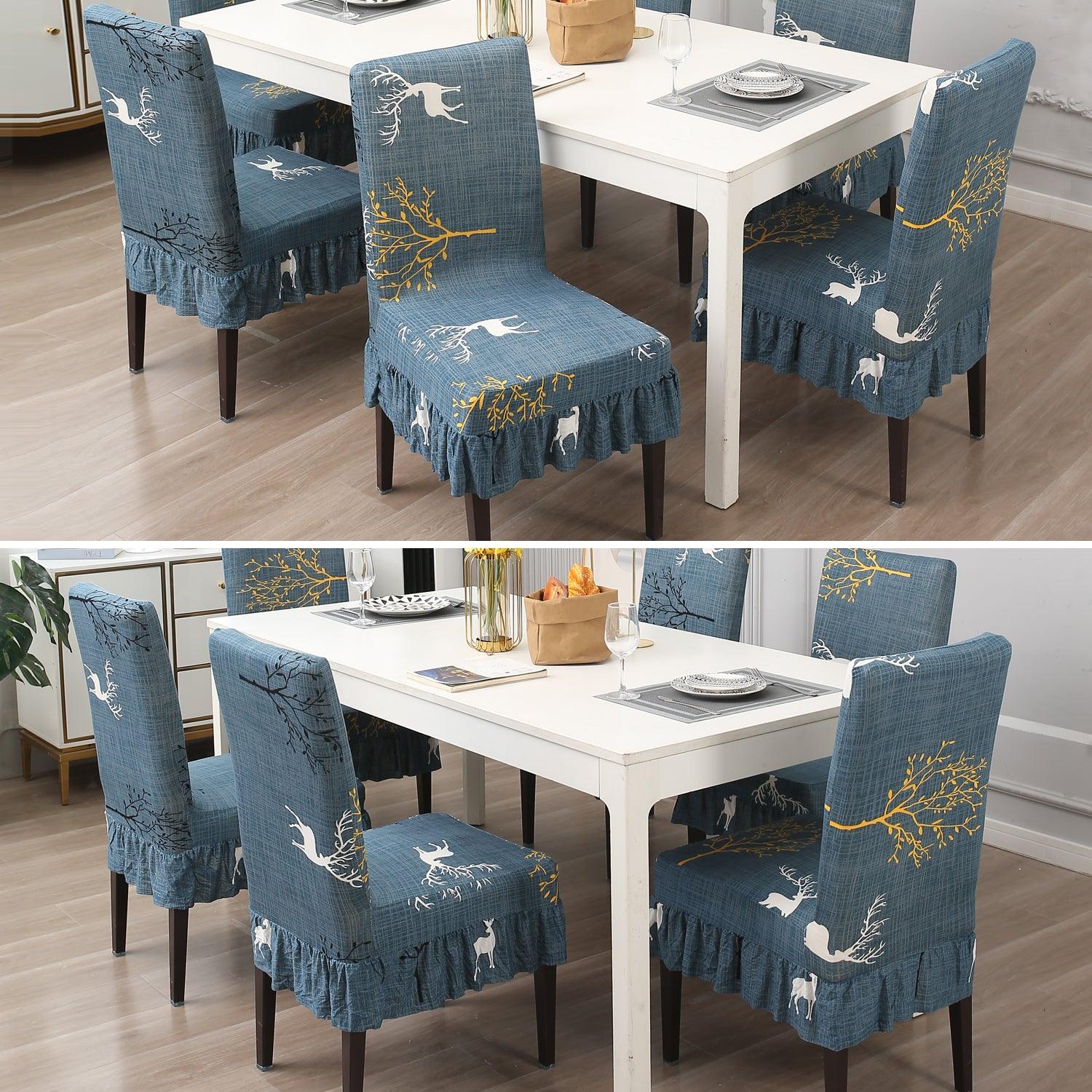 Elastic Stretchable Dining Chair Cover with Frill, Teal Reindeer - HOKIPO | Har Ghar ka Humsafar
