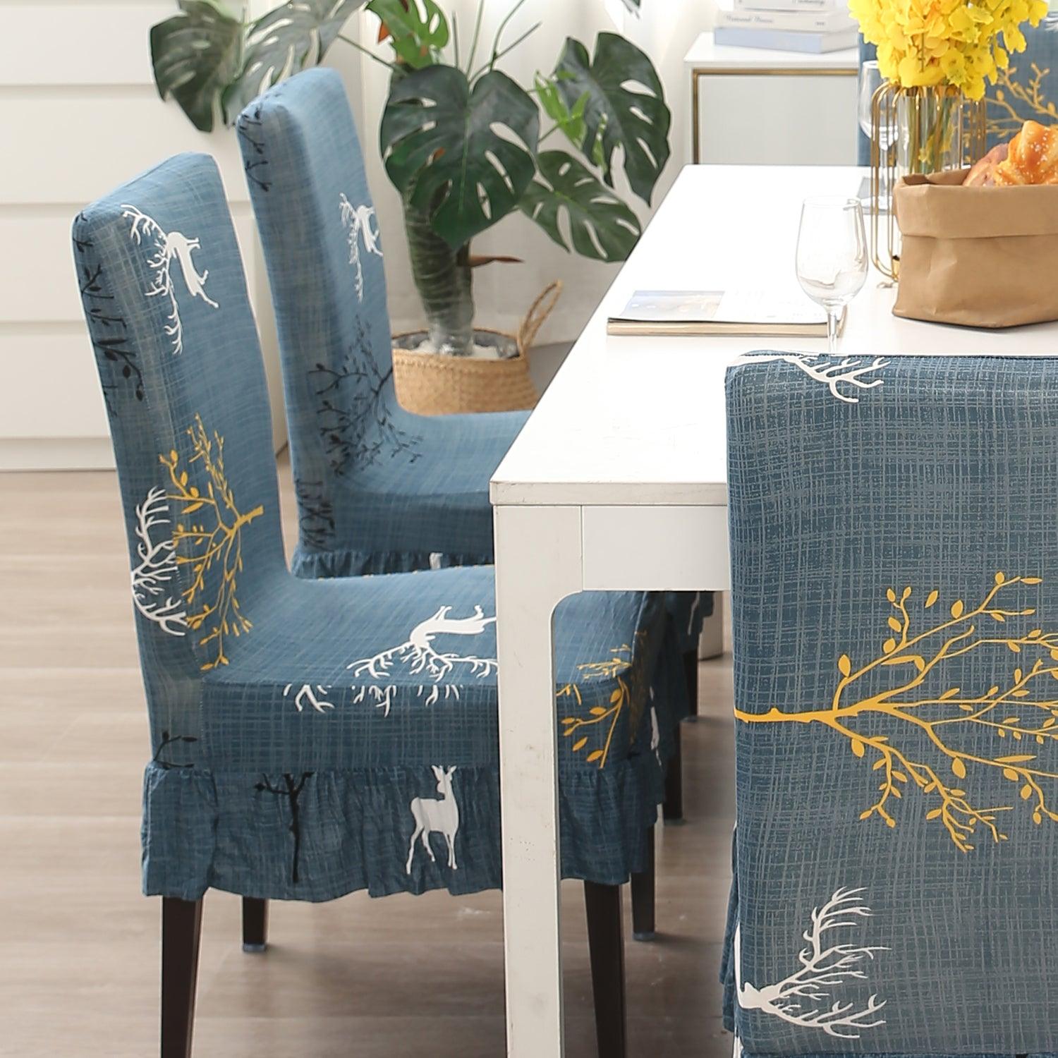 Elastic Stretchable Dining Chair Cover with Frill, Teal Reindeer - HOKIPO | Har Ghar ka Humsafar