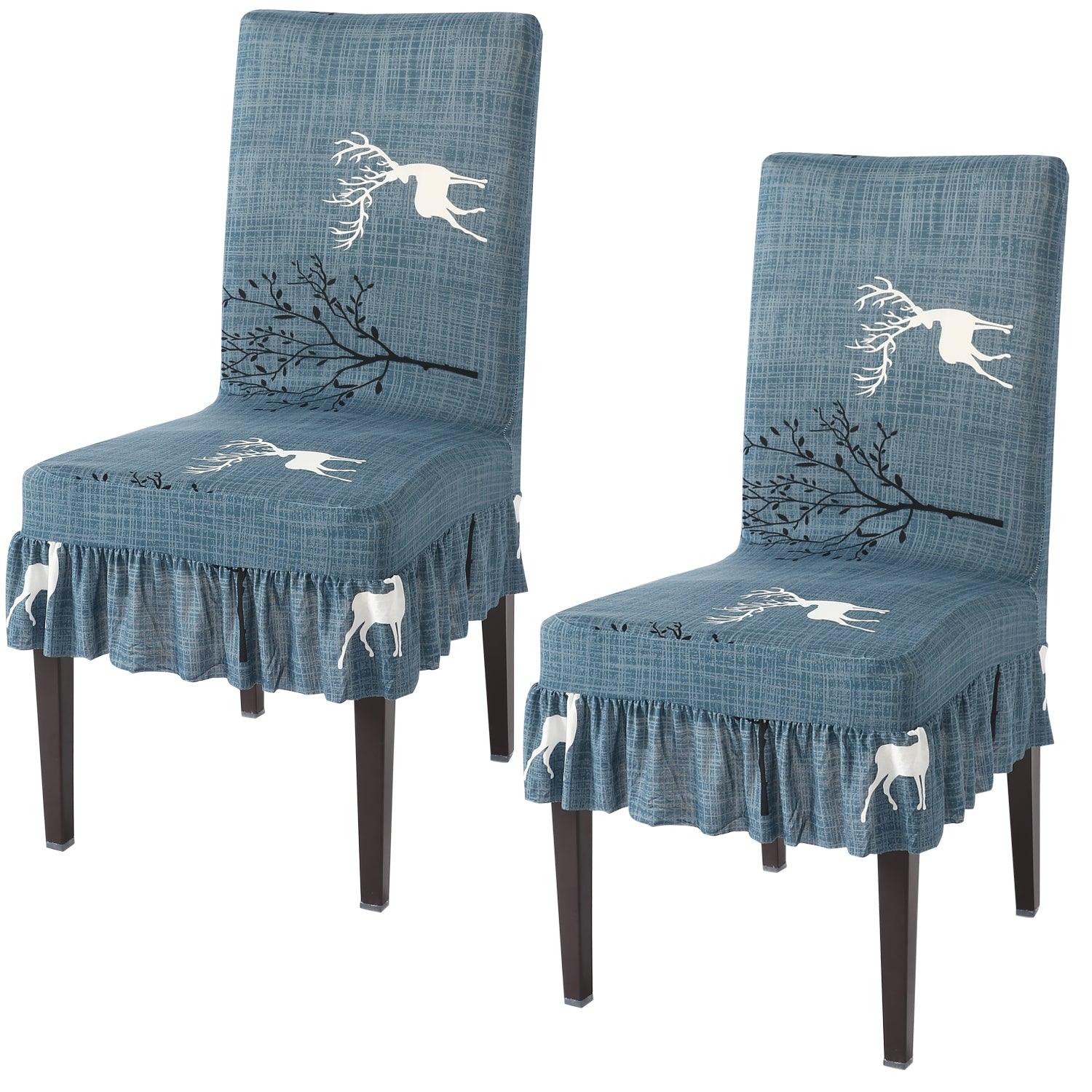 Elastic Stretchable Dining Chair Cover with Frill, Teal Reindeer - HOKIPO | Har Ghar ka Humsafar