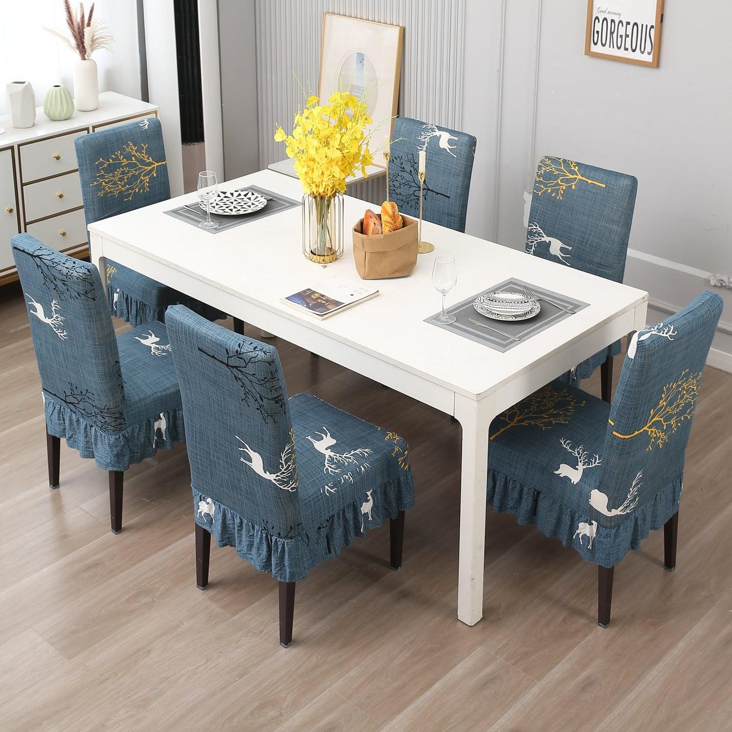 Elastic Stretchable Dining Chair Cover with Frill, Teal Reindeer - HOKIPO | Har Ghar ka Humsafar