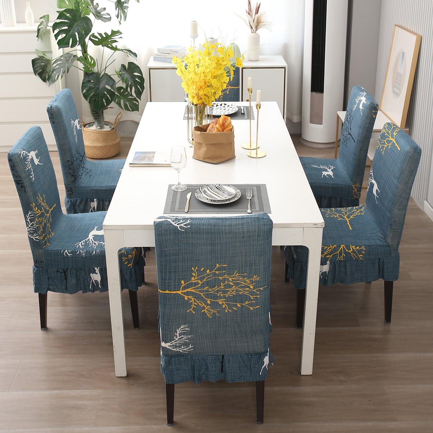 Elastic Stretchable Dining Chair Cover with Frill, Teal Reindeer - HOKIPO | Har Ghar ka Humsafar