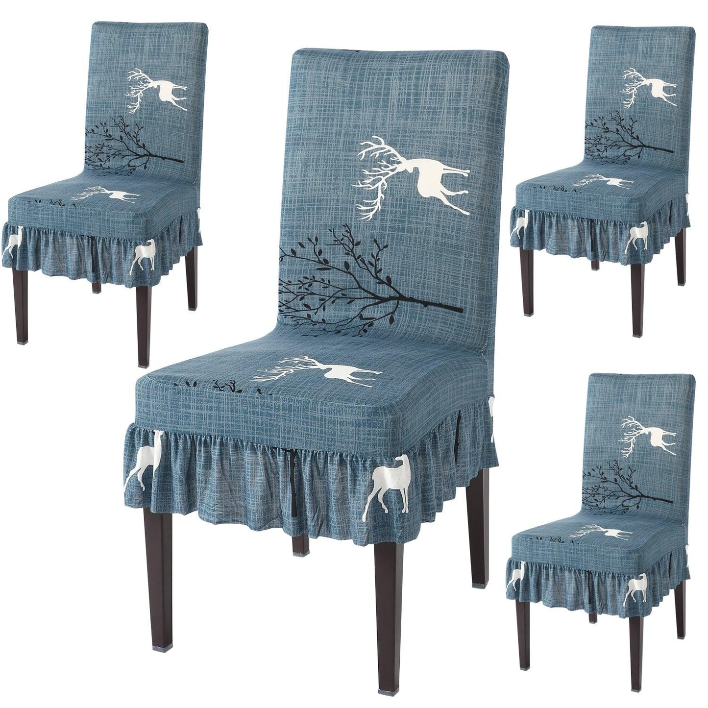 Elastic Stretchable Dining Chair Cover with Frill, Teal Reindeer - HOKIPO | Har Ghar ka Humsafar