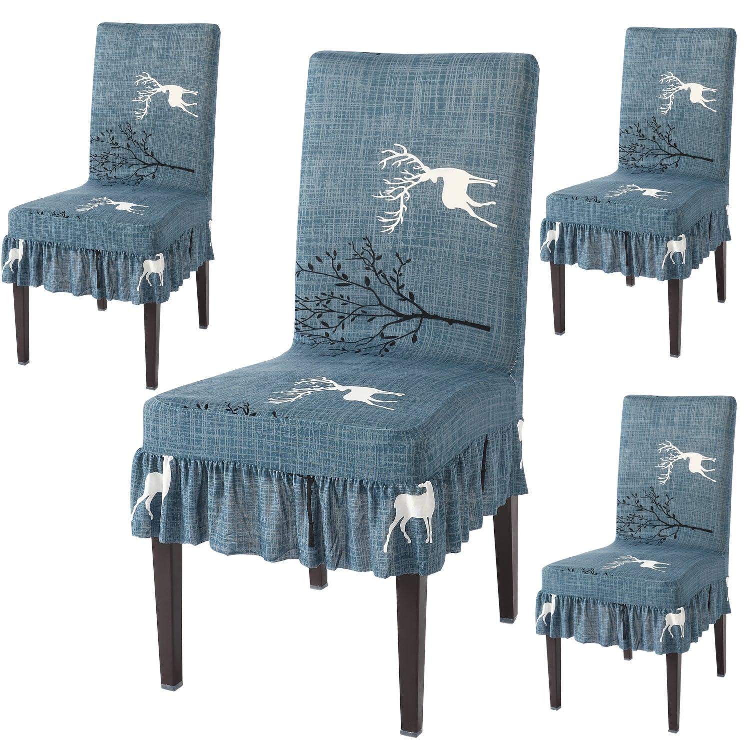 Elastic Stretchable Dining Chair Cover with Frill, Teal Reindeer - HOKIPO | Har Ghar ka Humsafar