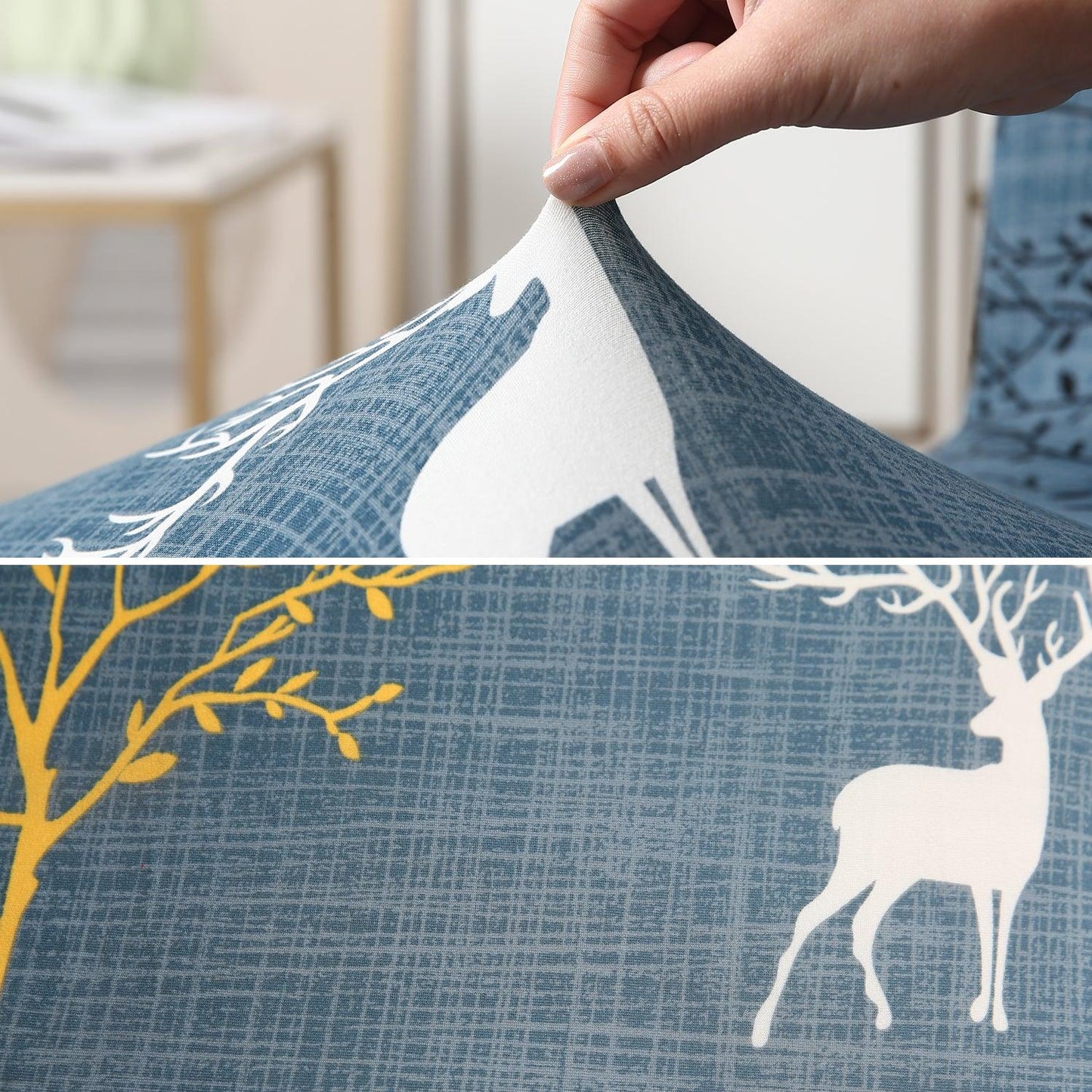 Elastic Stretchable Dining Chair Cover with Frill, Teal Reindeer - HOKIPO | Har Ghar ka Humsafar
