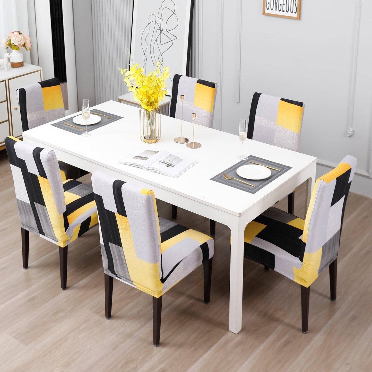 Yellow Geometric Abstract dining chair covers Set