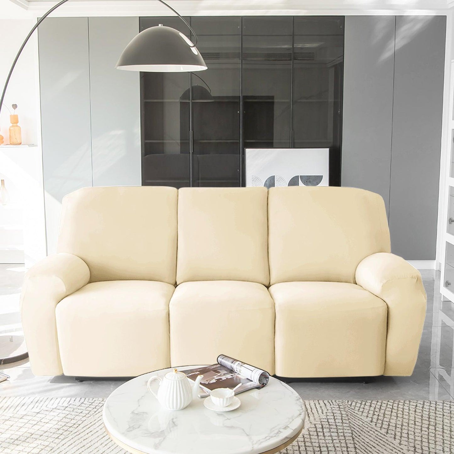 Stylish three seater Beige Colour elastic stretchable velvet recliner covers