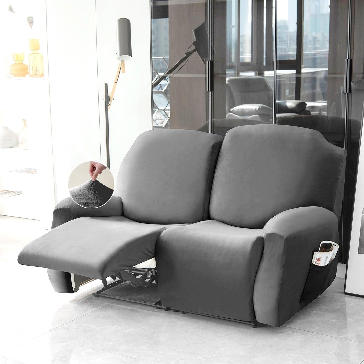 Buy 2 seater Dark Grey Colour elastic stretchable velvet recliner sofa covers