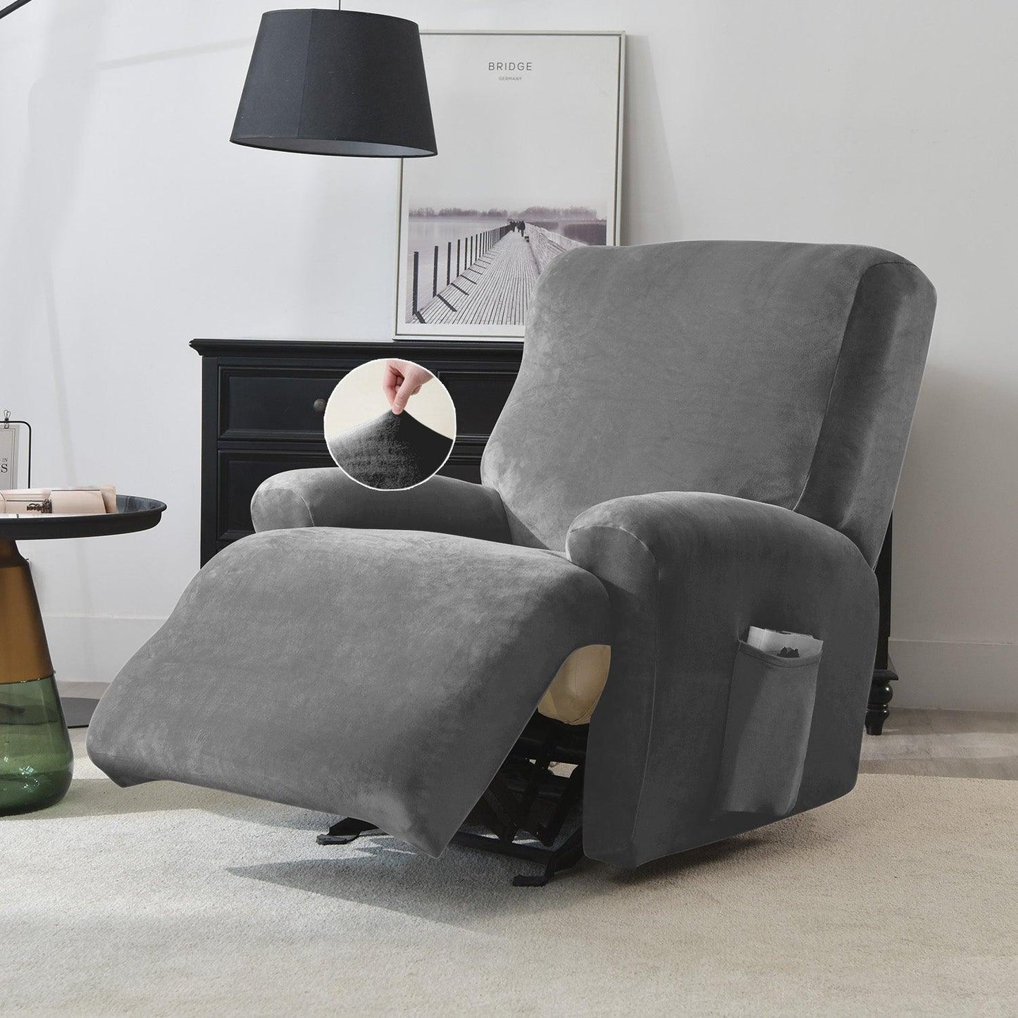 Premium Dark Grey Colour stylish elastic stretchable velvet recliner chair cover