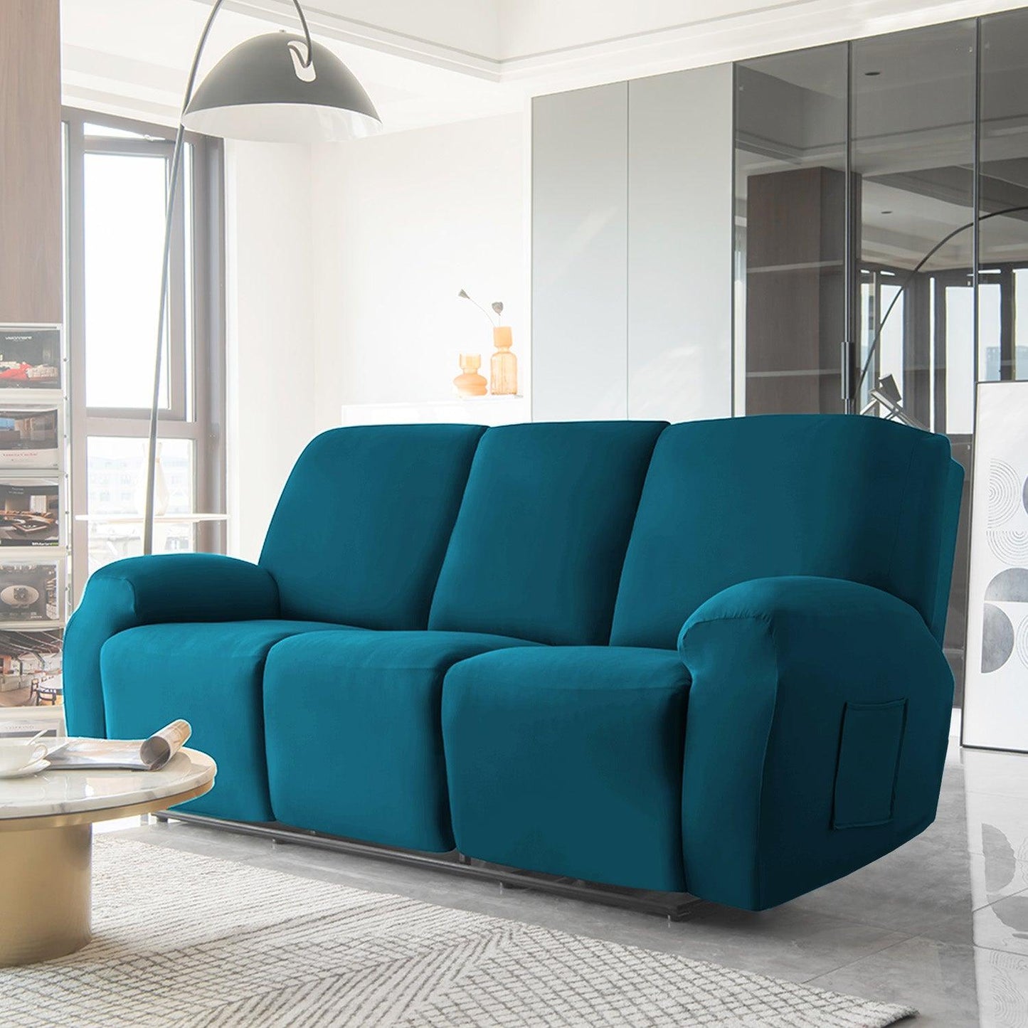 Peacock Blue Colour elastic stretchable fully covered stylish velvet 3 seater recliner sofa covers