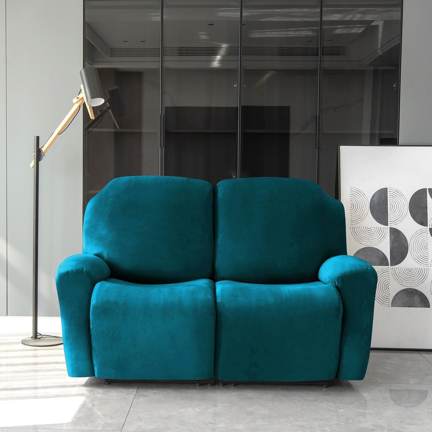Elegant 2 seater Peacock Blue Colour elastic stretchable velvet recliner sofa covers