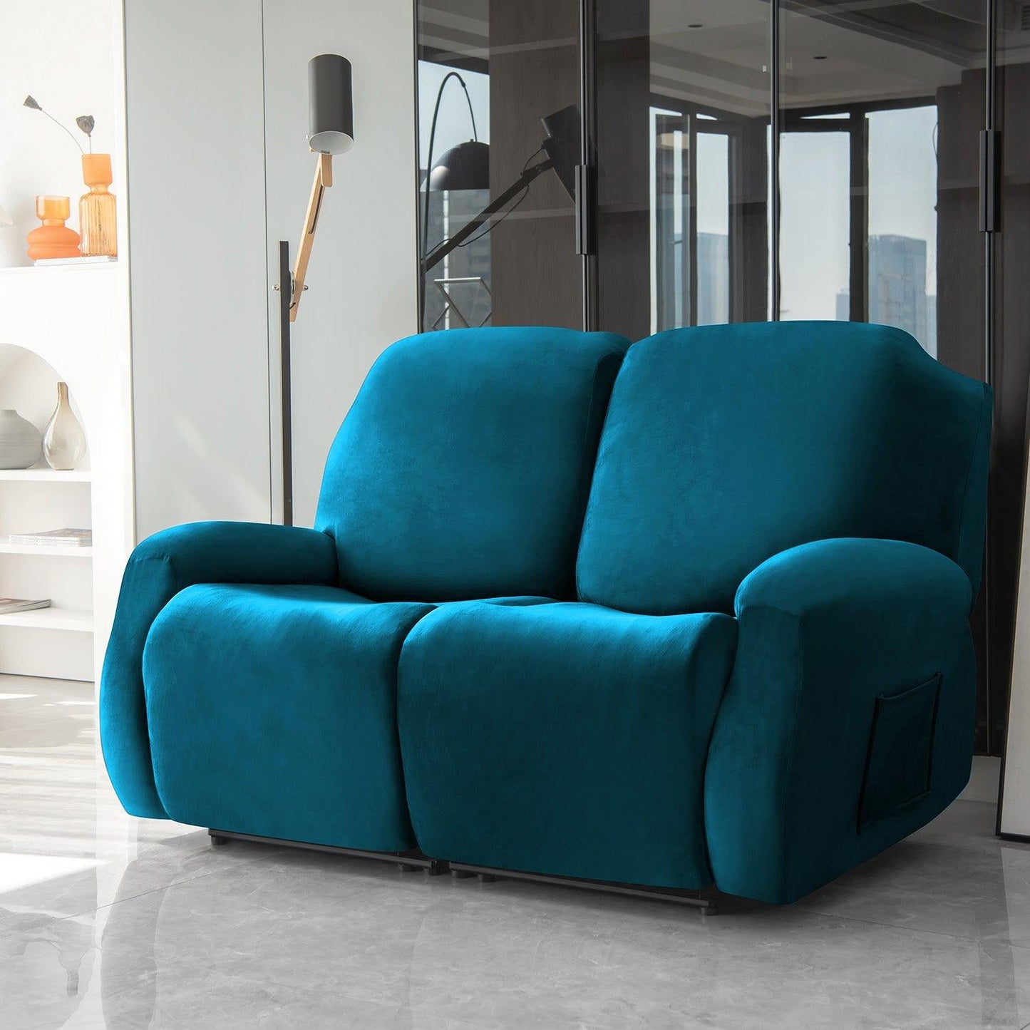 Stylish two seater Peacock Blue Colour elastic stretchable velvet recliner covers