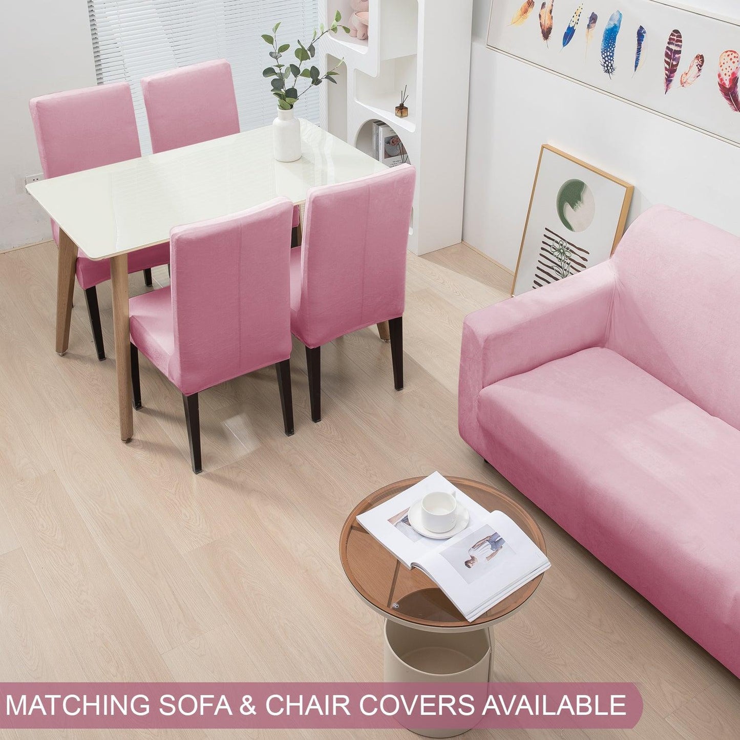 Pink Colour matching velvet elastic covers for sofa and chair
