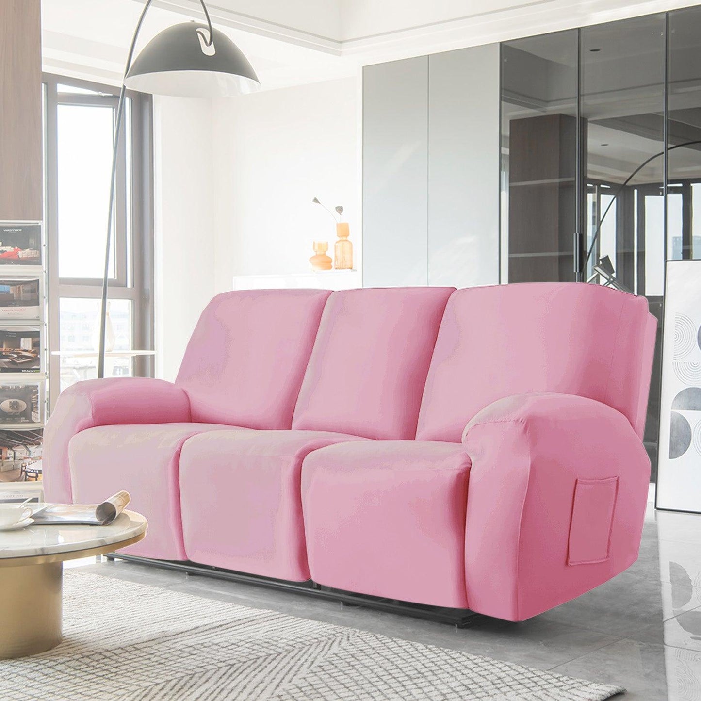 Pink Colour elastic stretchable fully covered stylish velvet 3 seater recliner sofa covers