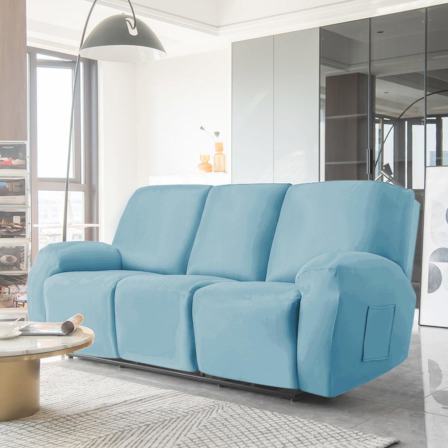 Sky Blue Colour elastic stretchable fully covered stylish velvet 3 seater recliner sofa covers