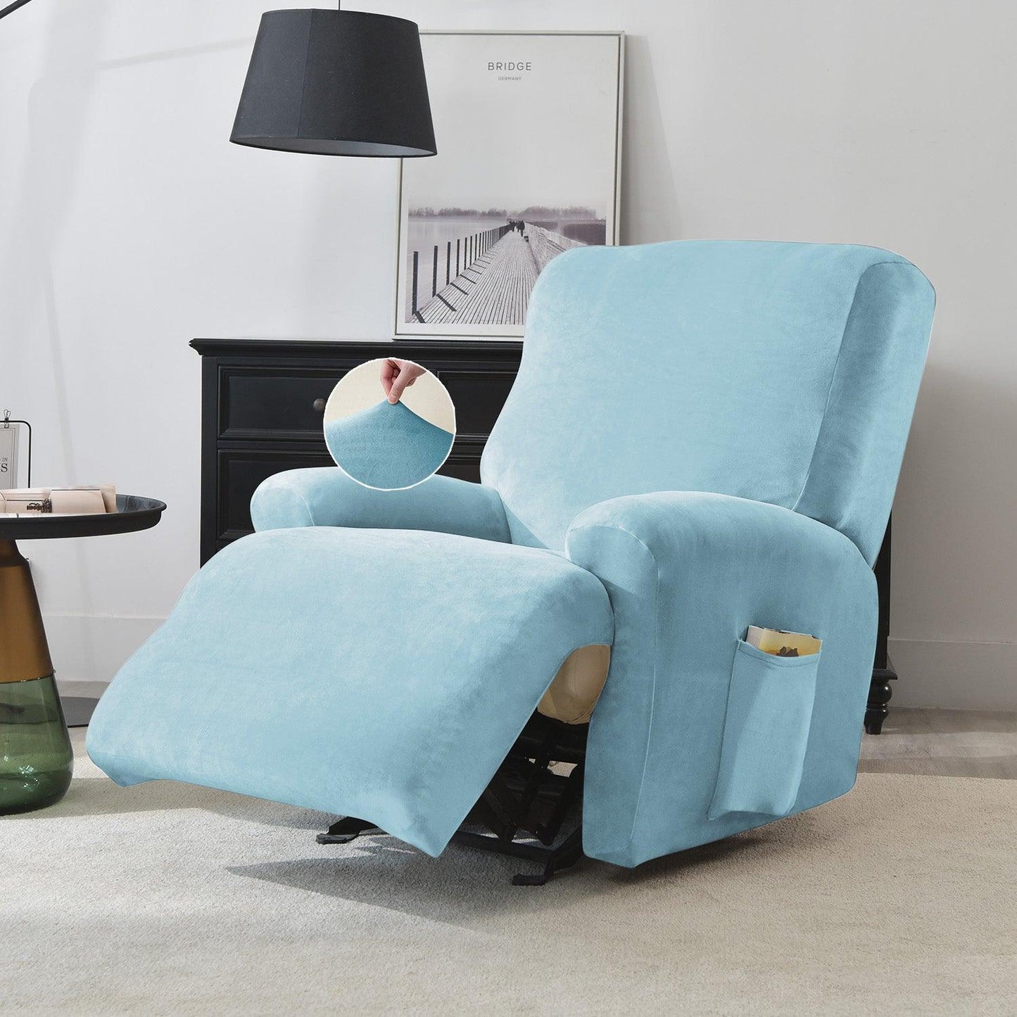buy Sky Blue Colour elegant elastic stretchable fully covered velvet recliner sofa cover 1 seater