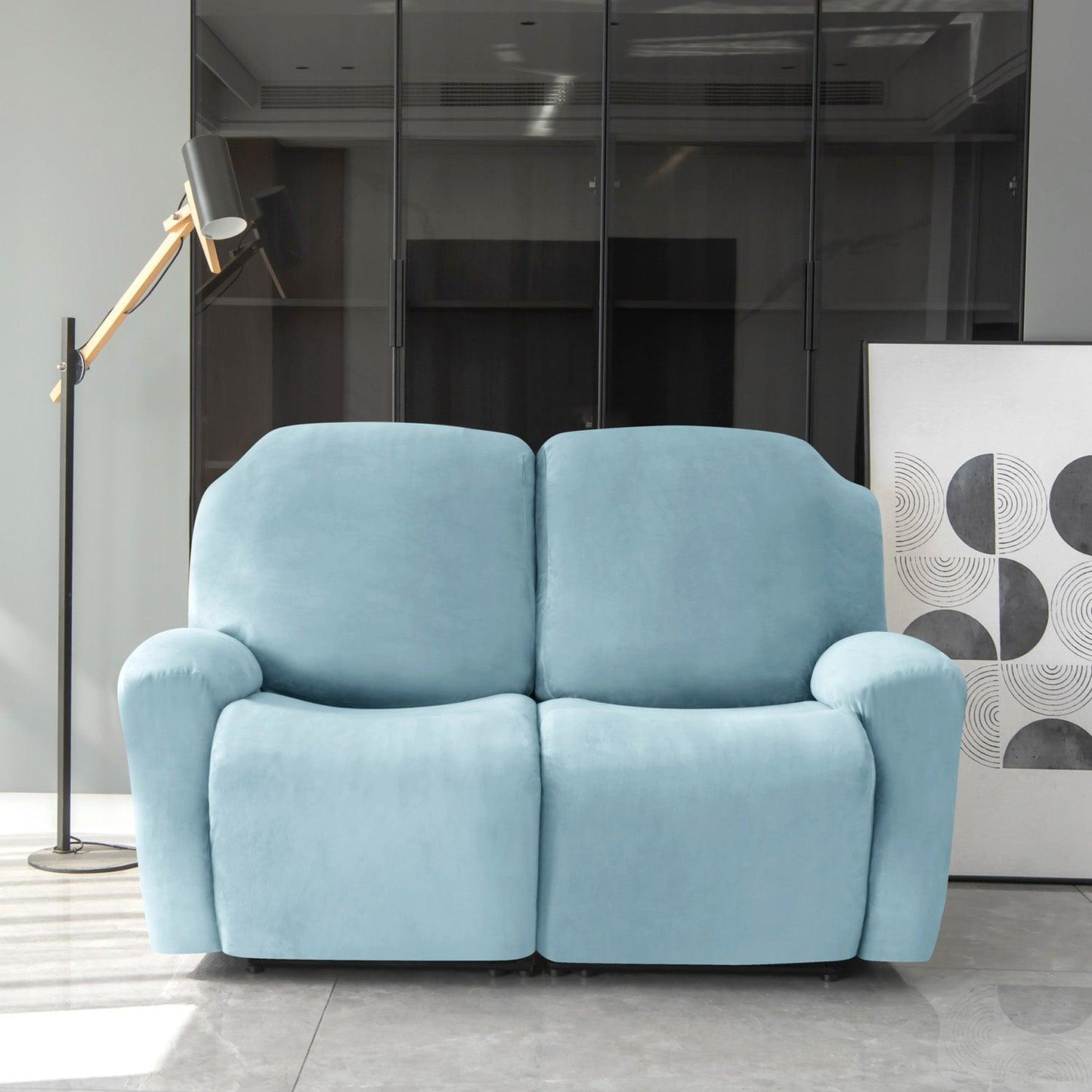 Elegant 2 seater Sky Blue Colour elastic stretchable velvet recliner sofa covers