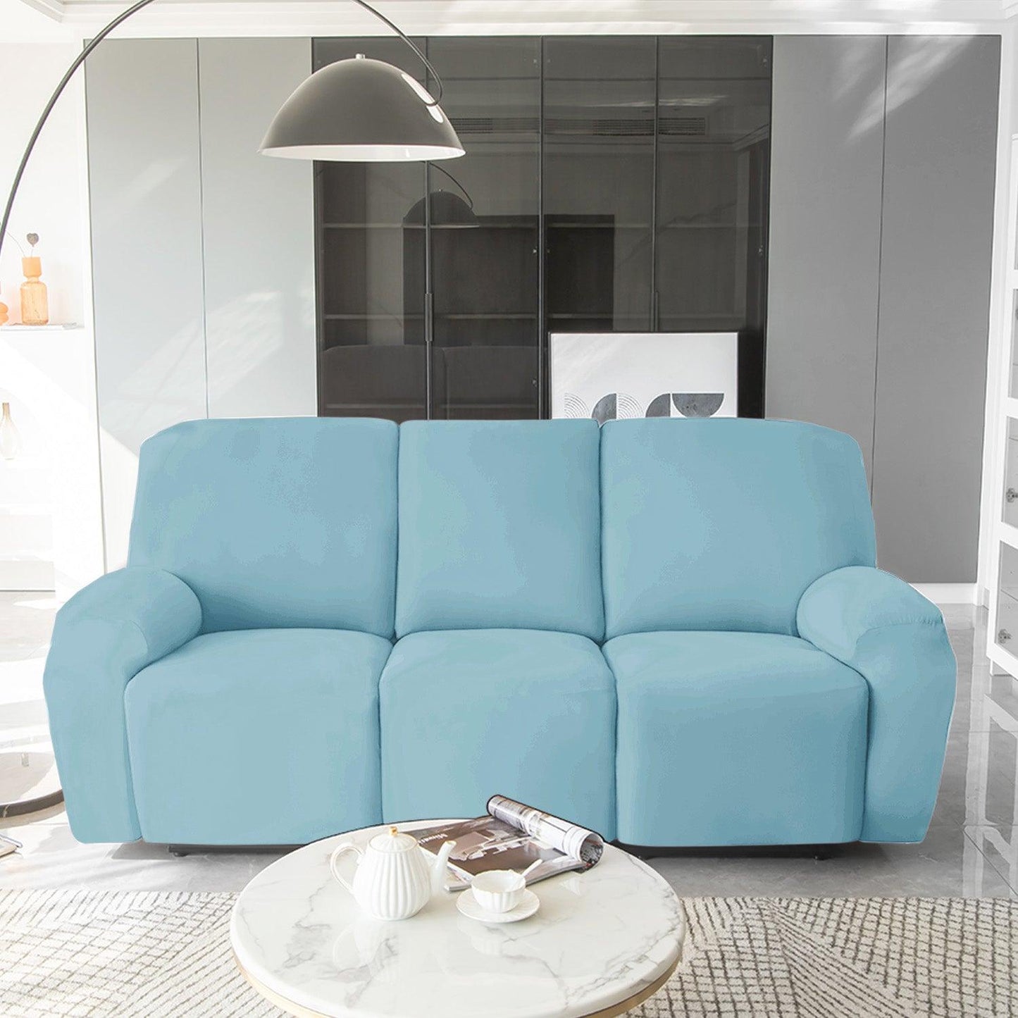 Stylish three seater Sky Blue Colour elastic stretchable velvet recliner covers