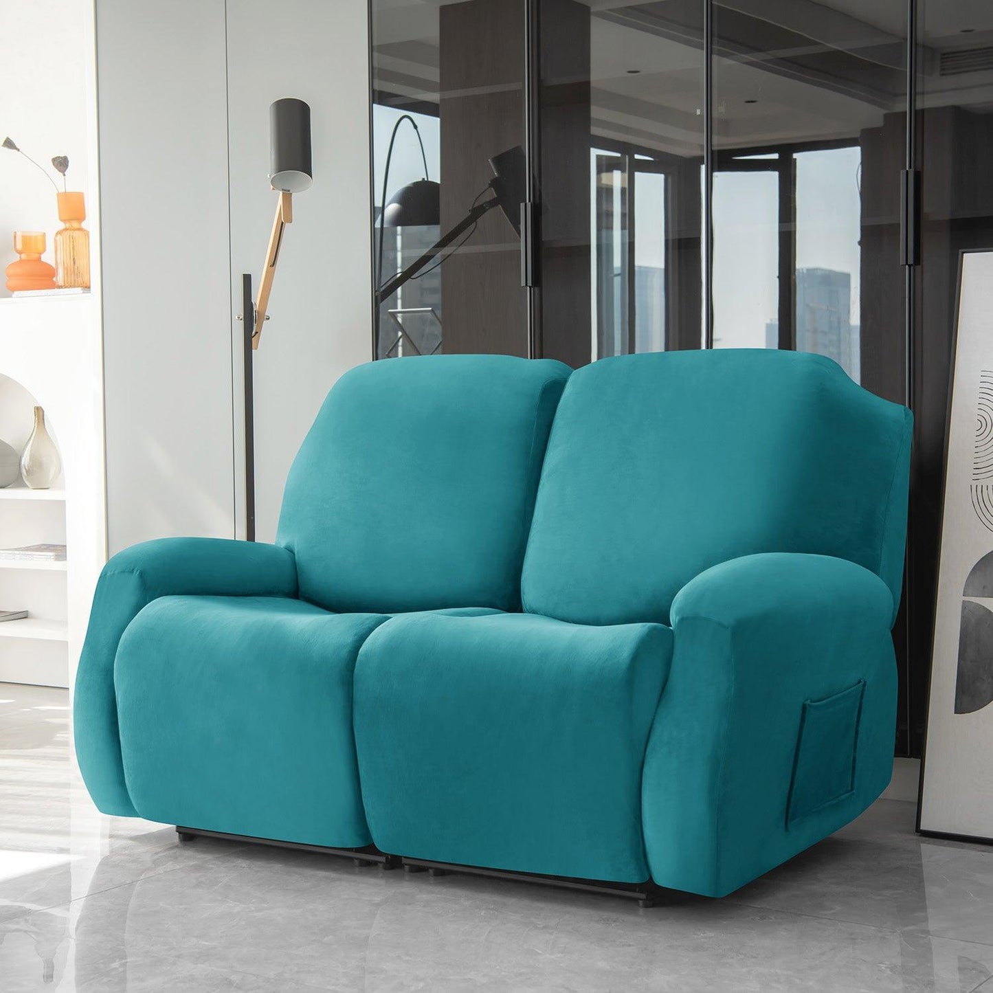 Stylish two seater Turquoise Colour elastic stretchable velvet recliner covers