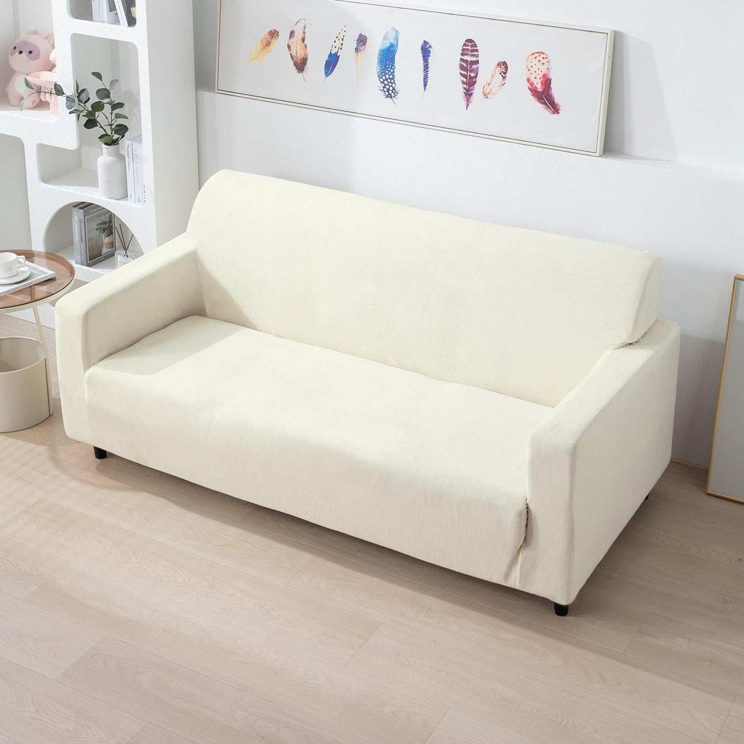 2 seater Beige premium elastic velvet sofa cover