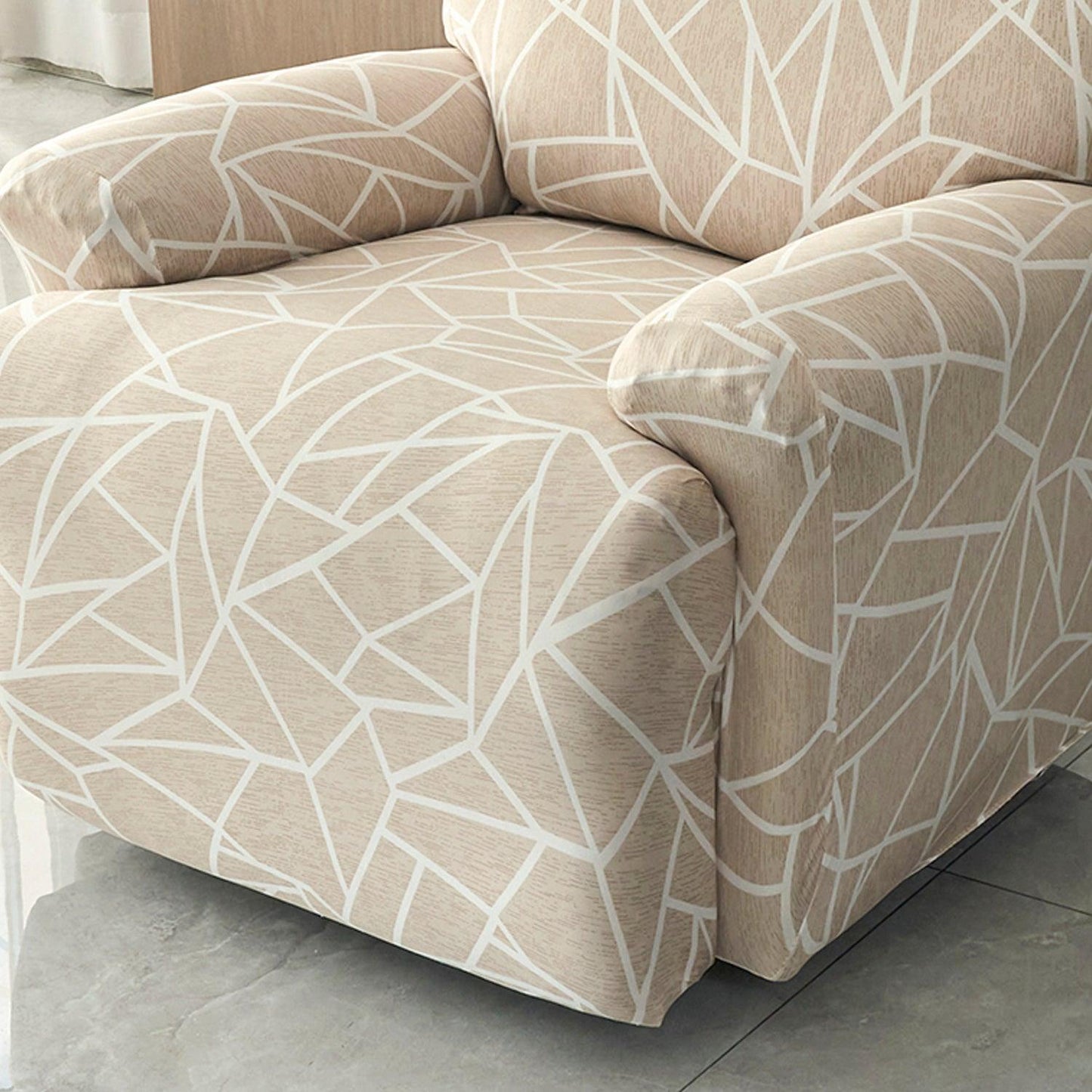 Beige Abstract Geometry Print elastic full fitted recliner covers