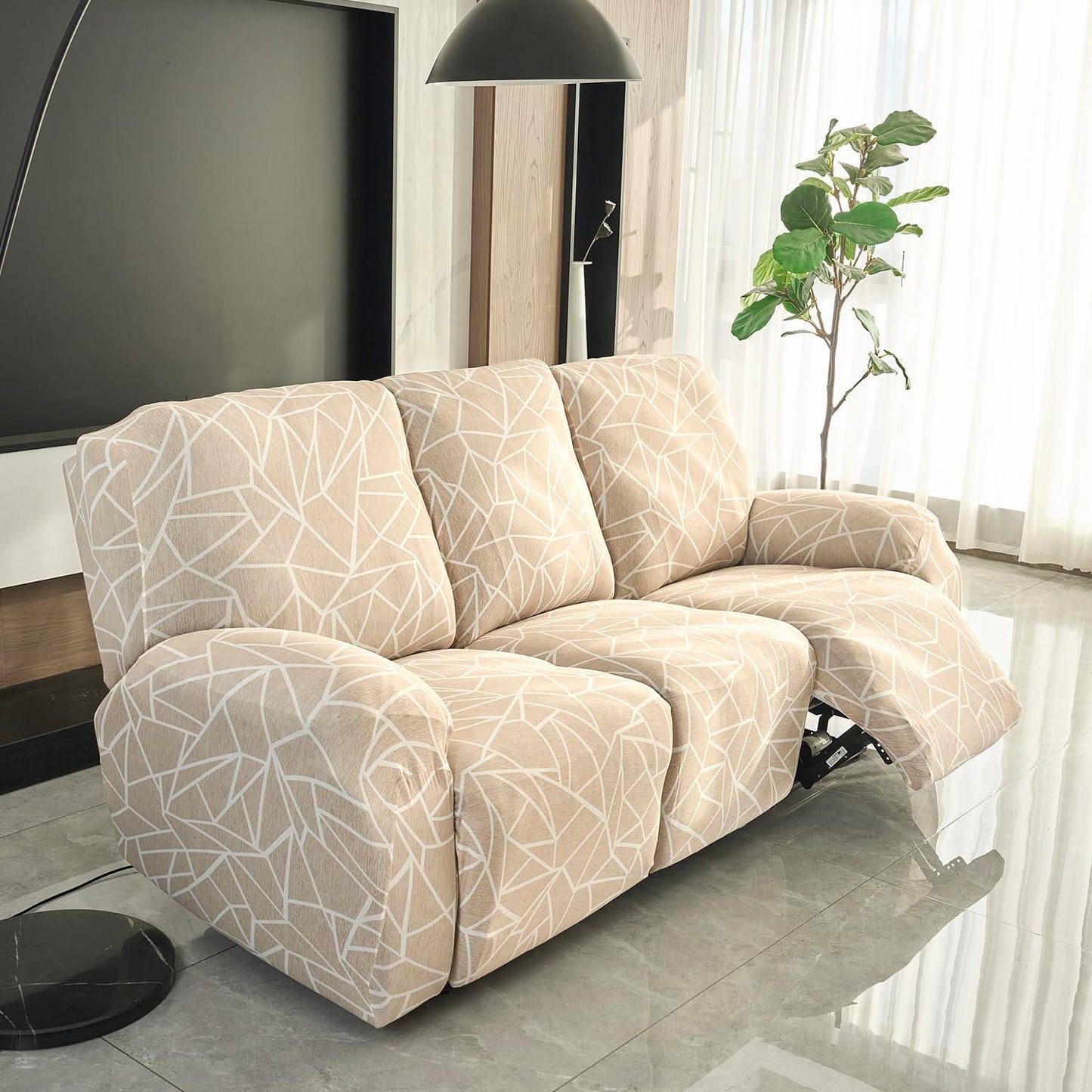 3 seater Beige Abstract Geometry Print elastic stretchable polyester recliner sofa cover