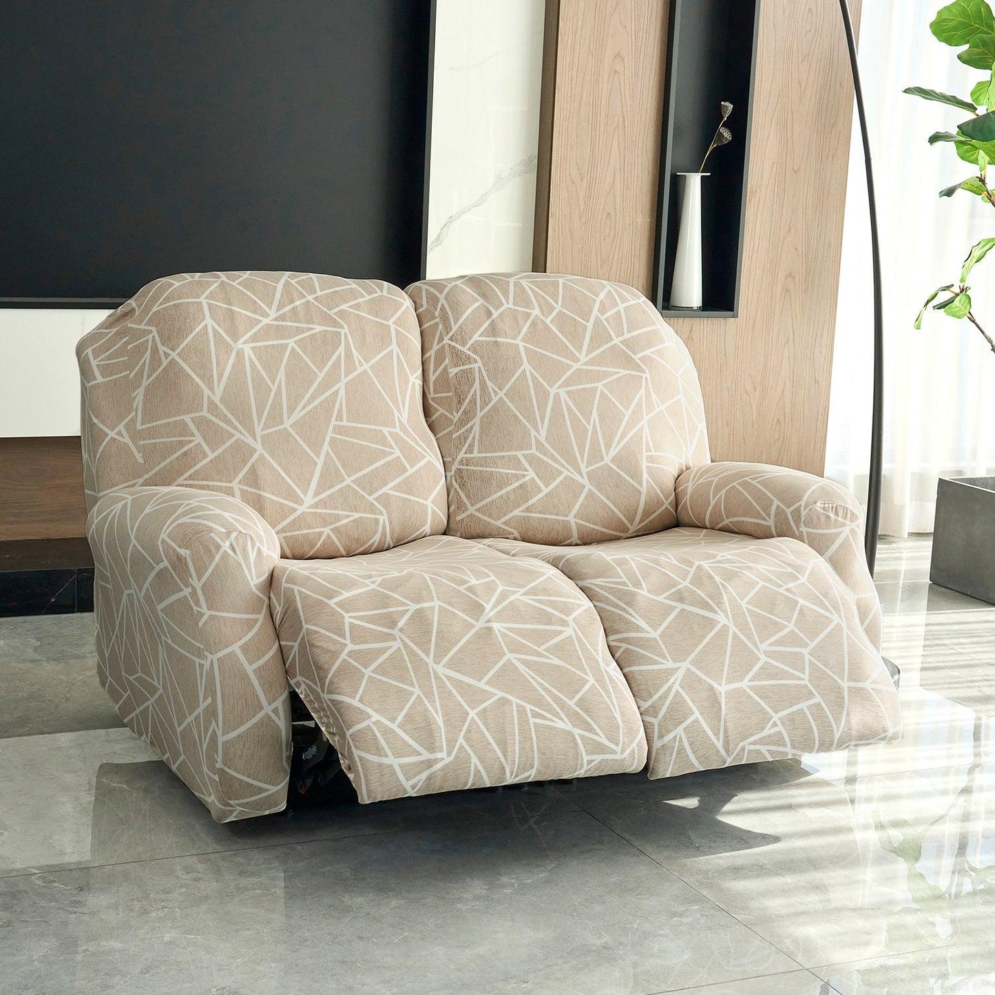 Buy 2 seater Beige Abstract Geometry Print elastic stretchable polyester recliner sofa cover