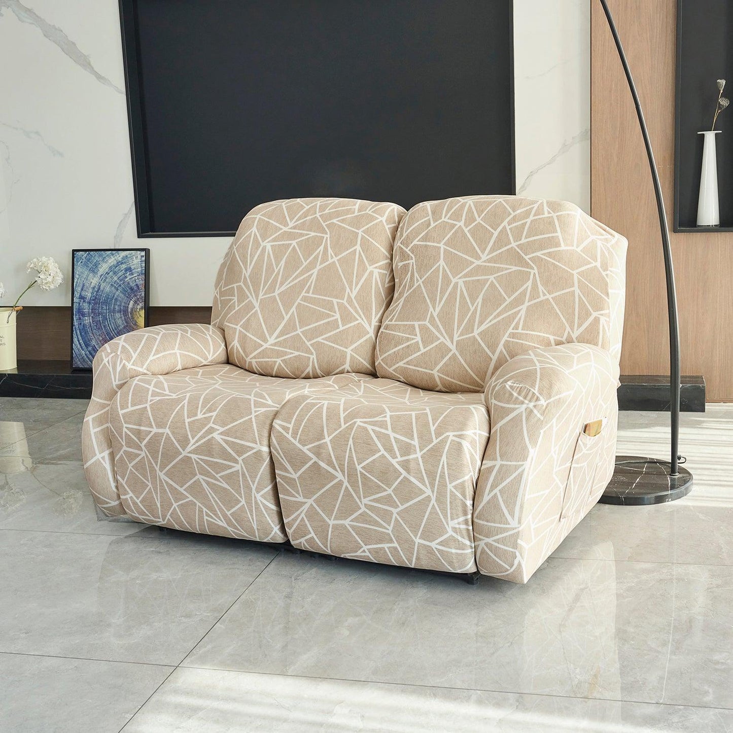 two seater Beige Abstract Geometry Print elastic stretchable polyester recliner cover