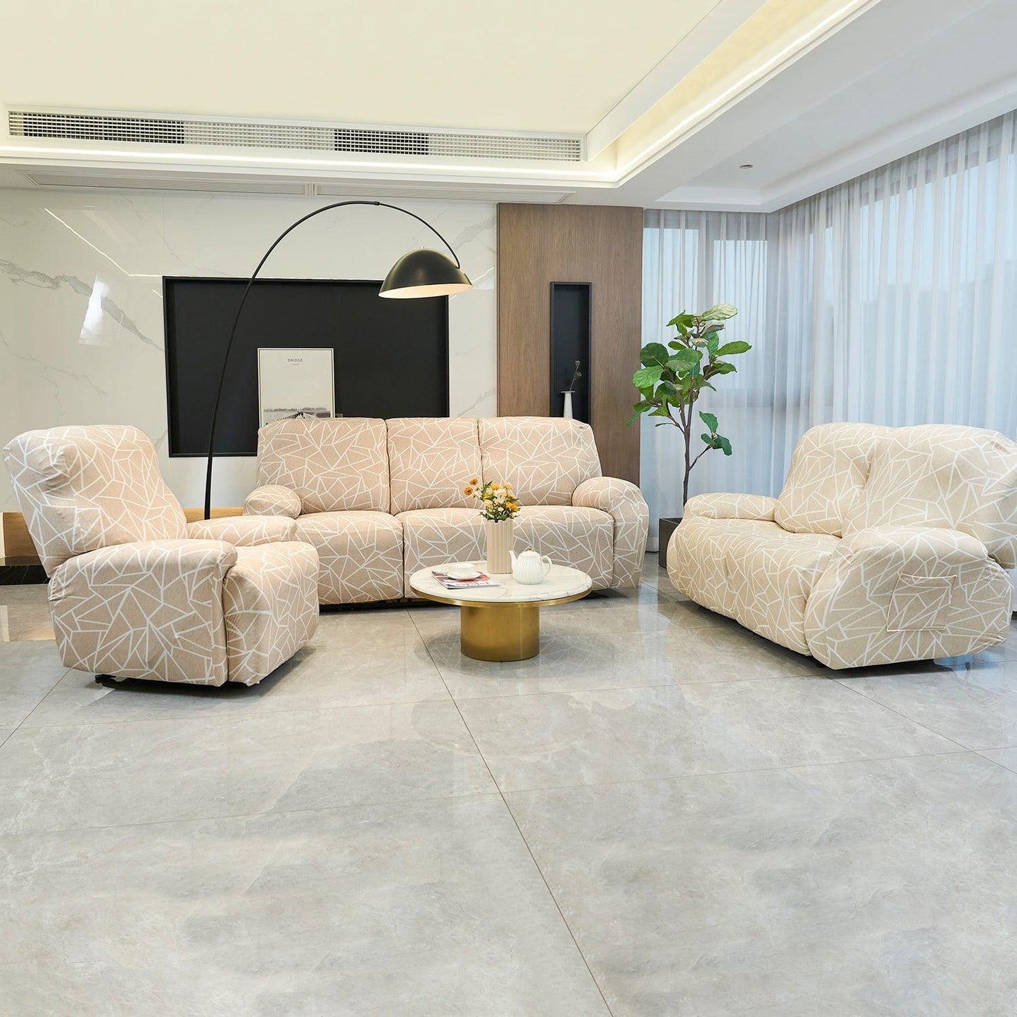 Beige Abstract Geometry Print elastic stretchable polyester 1,2,3 seater recliner covers set