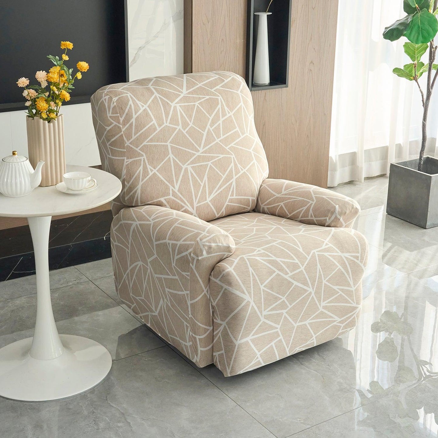 Beige Abstract Geometry Print elastic full fitted recliner chair covers