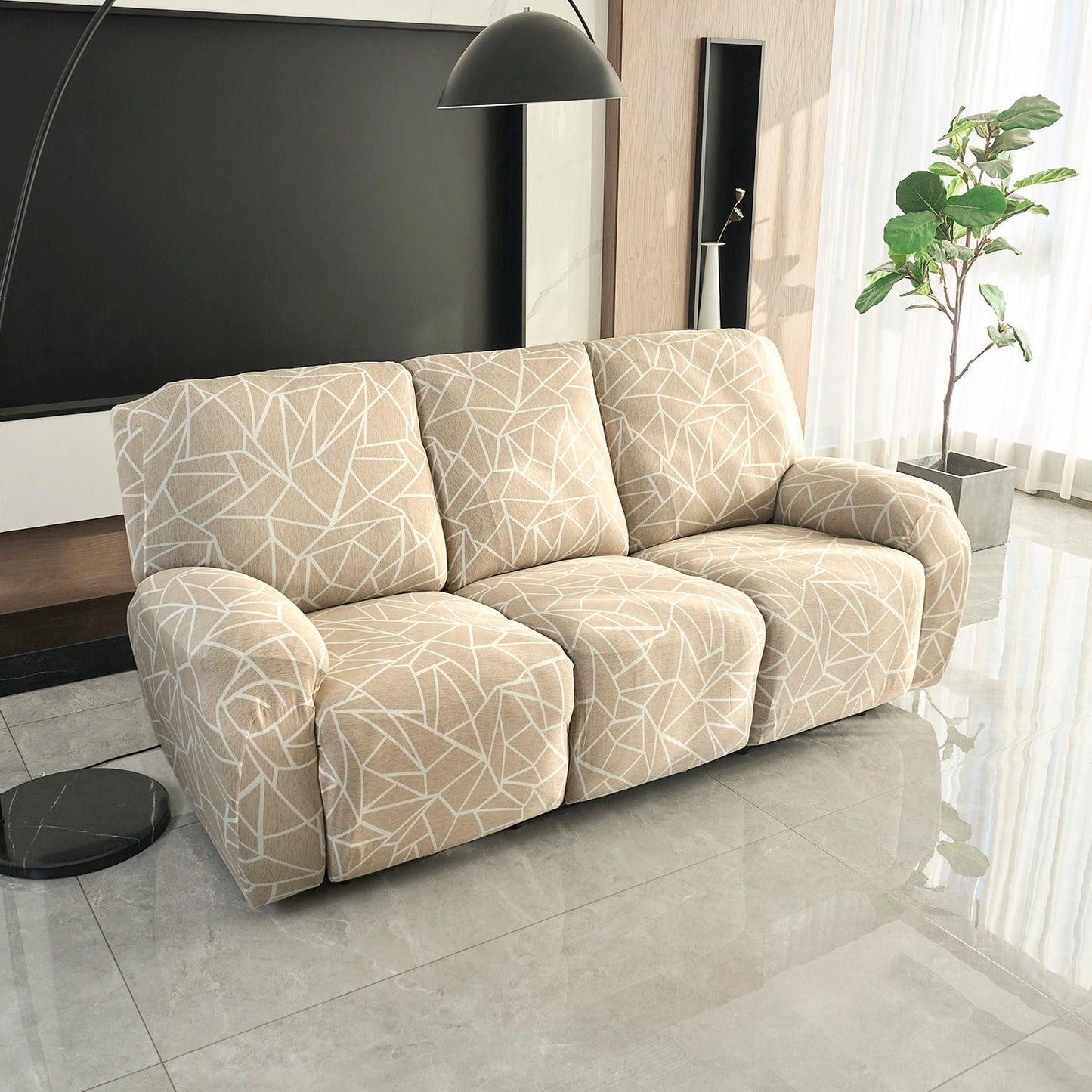 Buy Stylish three seater Beige Abstract Geometry Print elastic stretchable polyester recliner cover