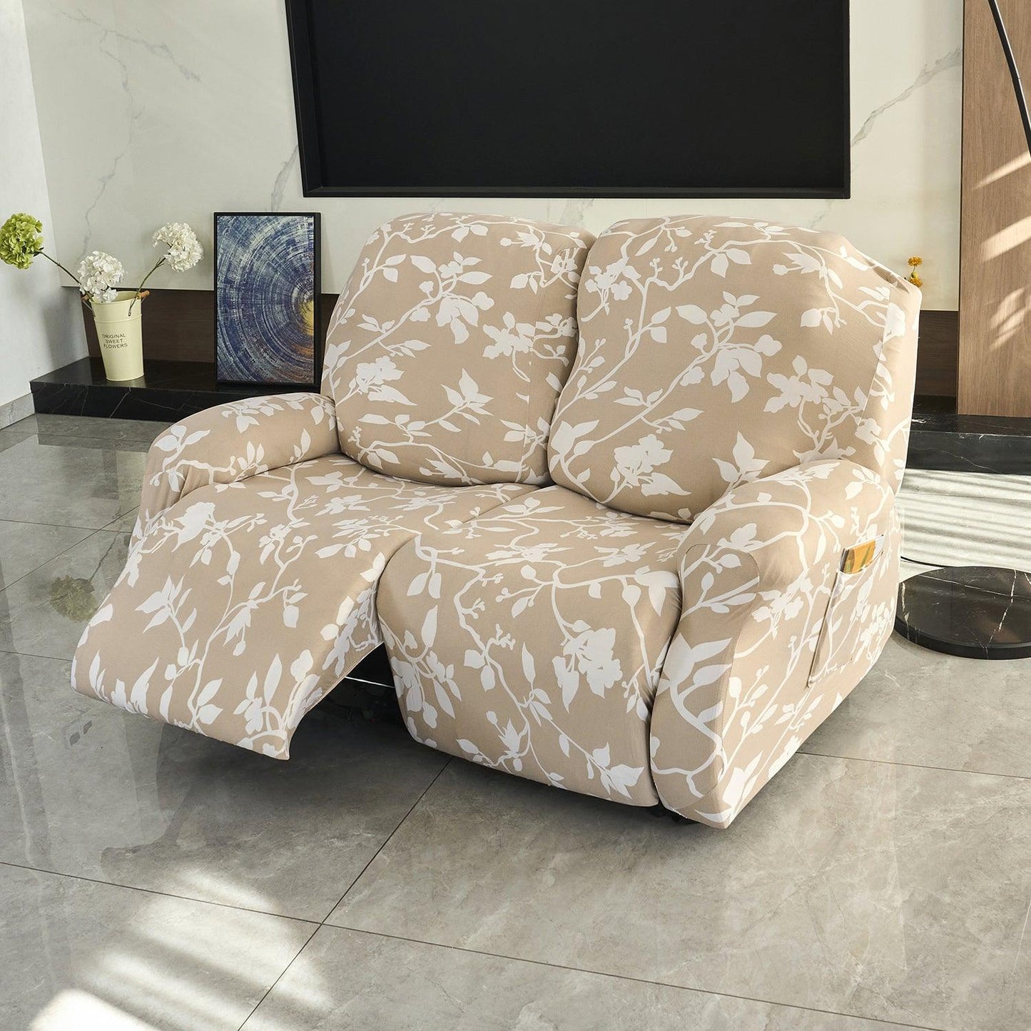 Elastic Stretchable Printed 140gsm Fully Covered Recliner Sofa Cover, Buff Brown Sillehoute Floral - HOKIPO | Har Ghar ka Humsafar