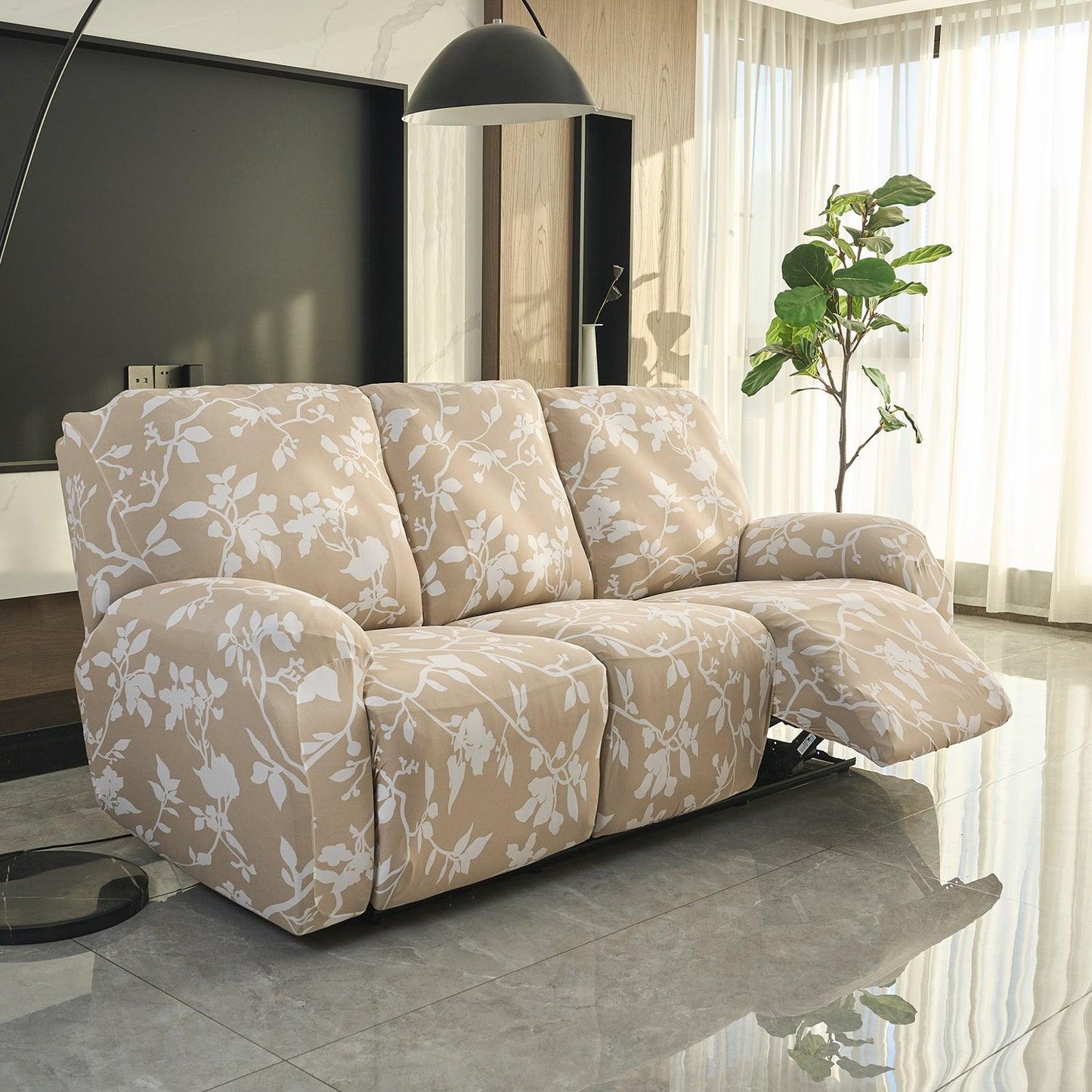 3 seater Buff Brown Silhouette Floral Printelastic stretchable polyester recliner sofa cover