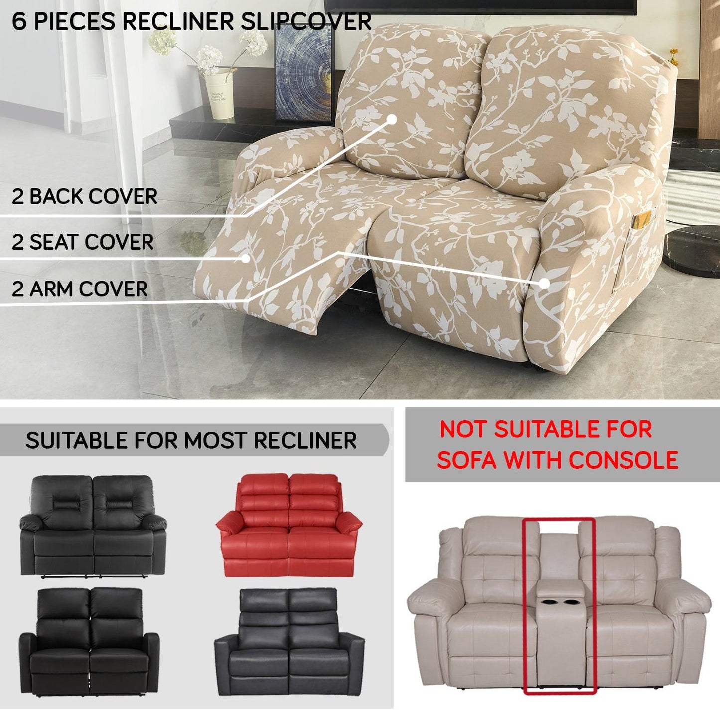 Elastic Stretchable Printed 140gsm Fully Covered Recliner Sofa Cover, Buff Brown Sillehoute Floral - HOKIPO | Har Ghar ka Humsafar