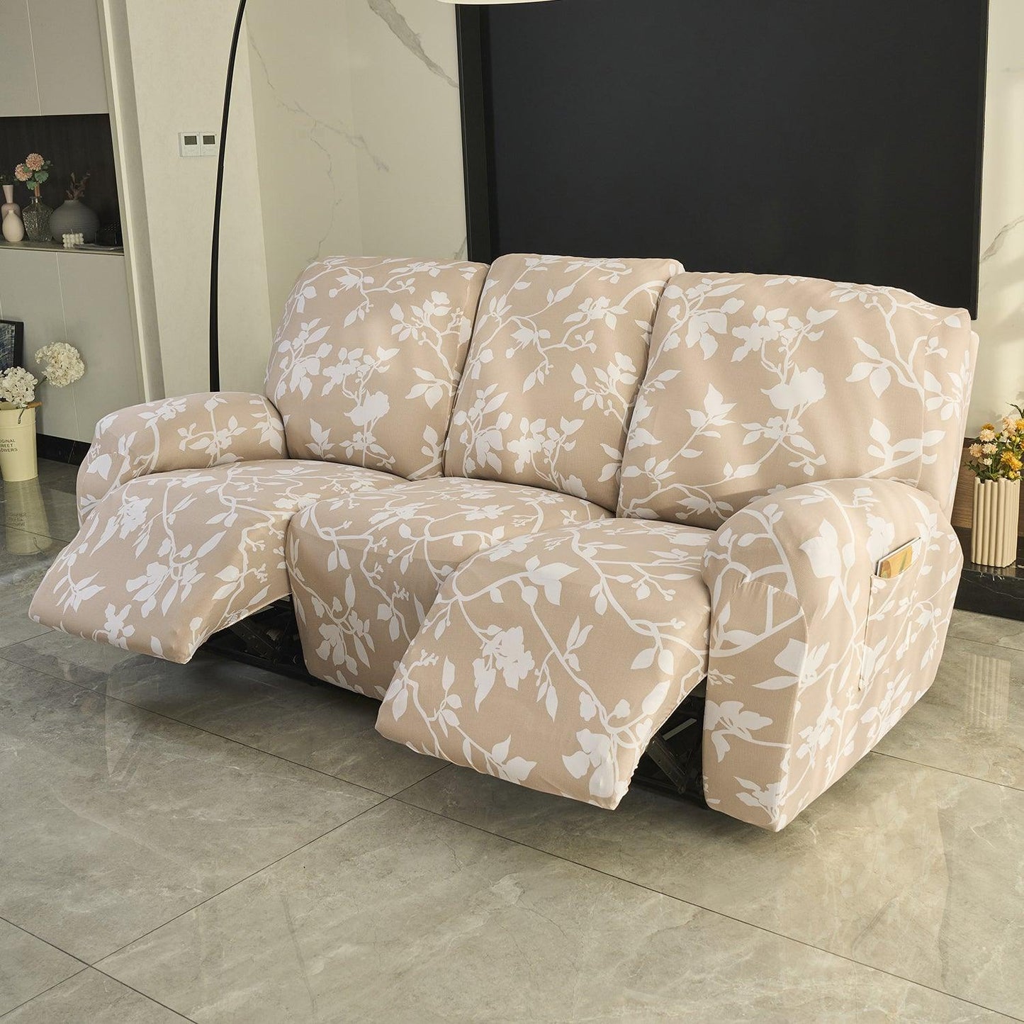Elastic Stretchable Printed 140gsm Fully Covered Recliner Sofa Cover, Buff Brown Sillehoute Floral - HOKIPO | Har Ghar ka Humsafar