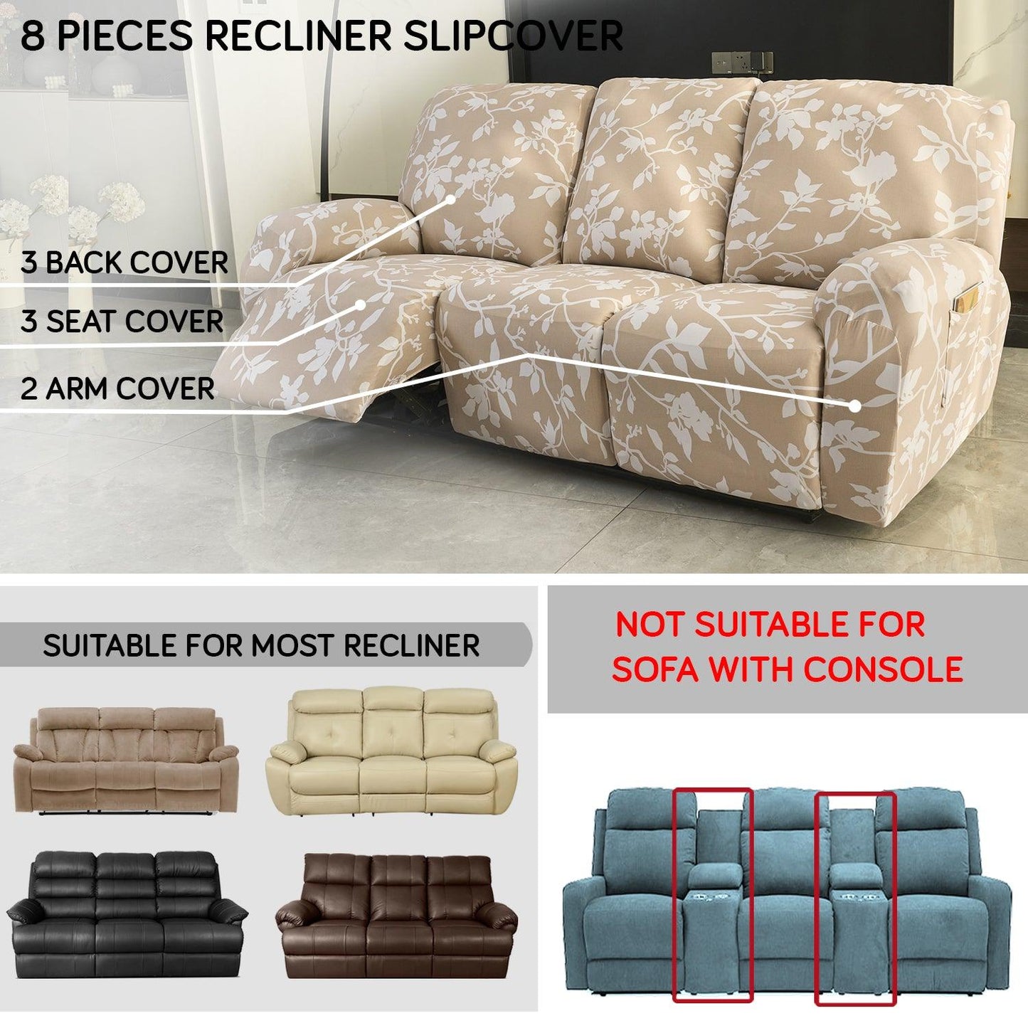 Elastic Stretchable Printed 140gsm Fully Covered Recliner Sofa Cover, Buff Brown Sillehoute Floral - HOKIPO | Har Ghar ka Humsafar