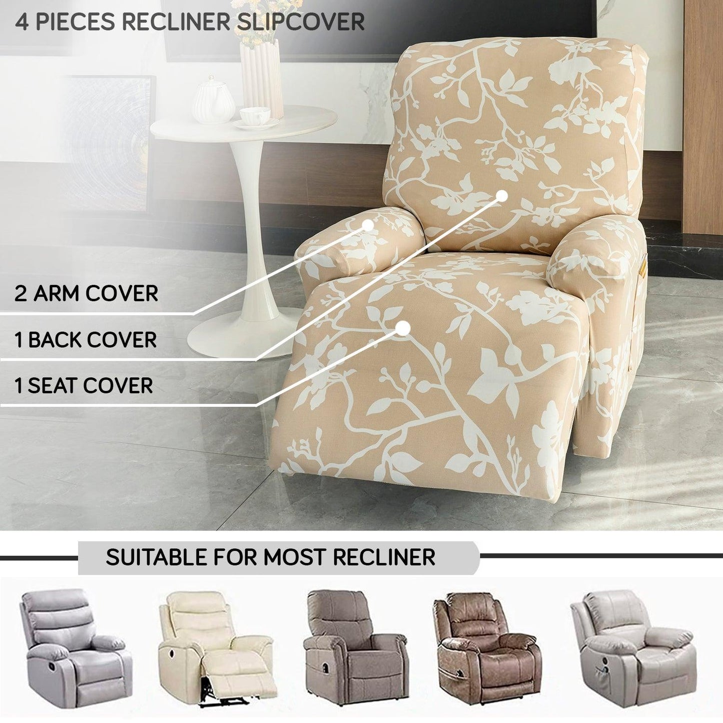 Elastic Stretchable Printed 140gsm Fully Covered Recliner Sofa Cover, Buff Brown Sillehoute Floral - HOKIPO | Har Ghar ka Humsafar
