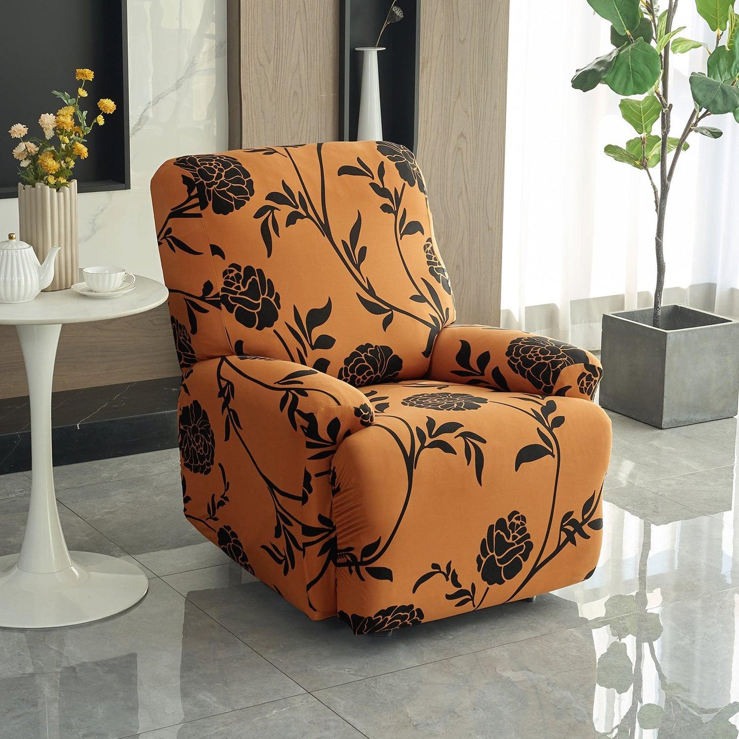 Copper Brown Colour Floral Print elastic stretchable polyester 1 seater recliner sofa cover