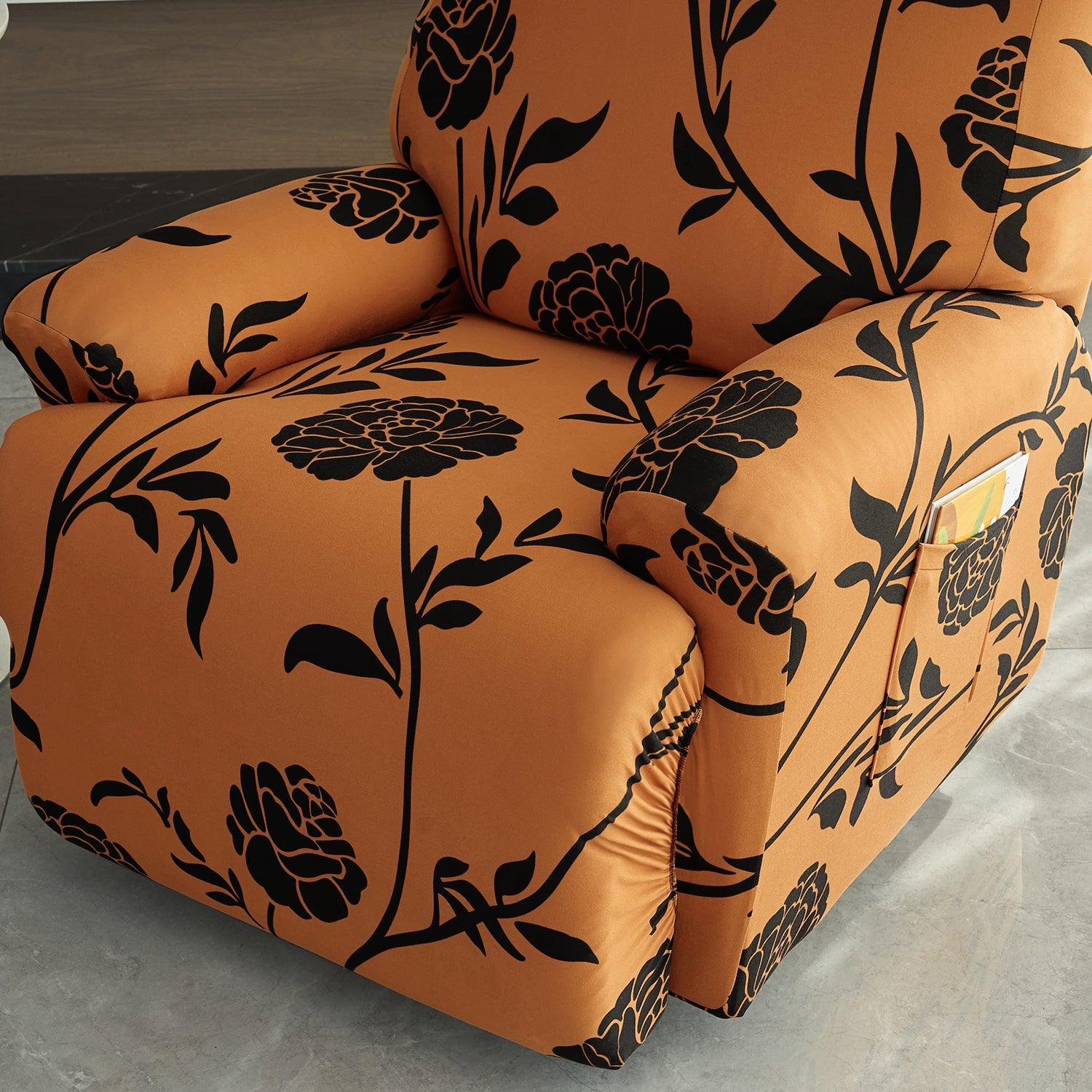 Elegant Copper Brown Colour Floral Print elastic stretchable polyester 1 seater recliner sofa cover