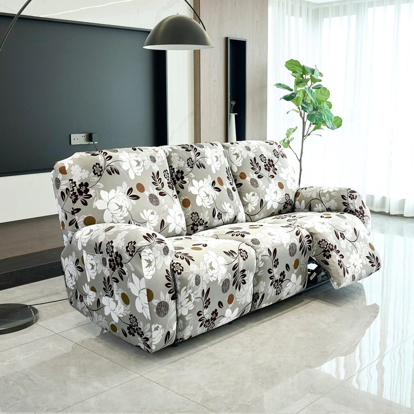 3 seater Feather Brown colour Floral Print elastic stretchable polyester recliner sofa cover